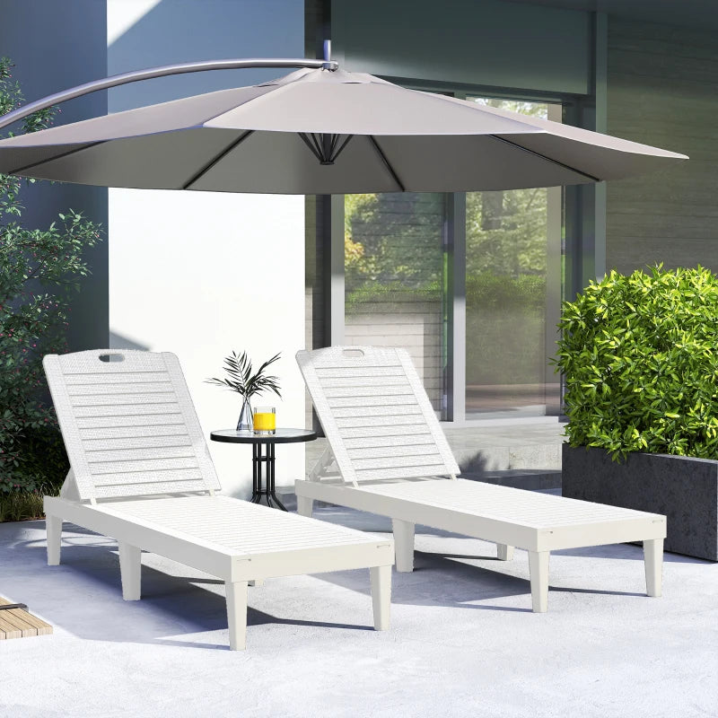 Outdoor Lounge Chair Set of 2, Waterproof Resin Lounge Chairs with 4-Position Adjustable Backrest for Backyard, White