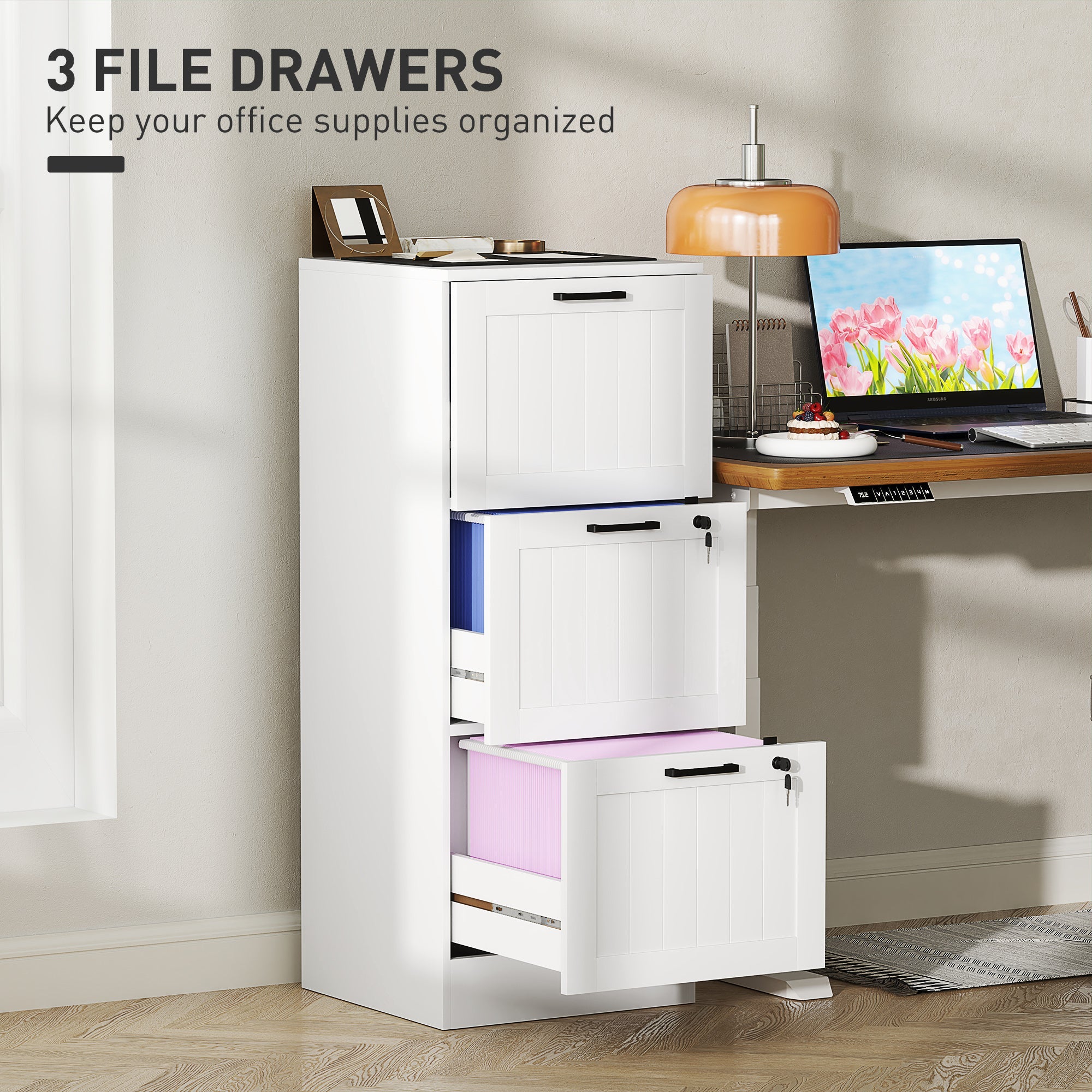 HOMCOM 3 Drawer Filing Cabinet with Lock, Office Storage Cabinet with Adjustable Hanging Bars for A4 Letter Size Files, White 