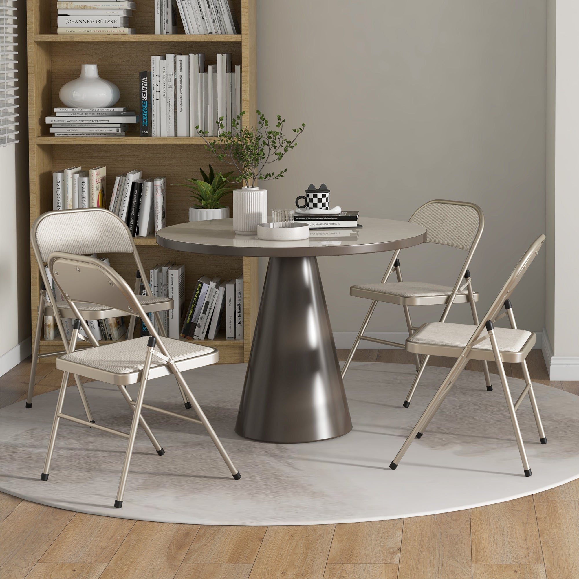 HOMCOM Set of 4 Metal Foldable Chairs, Linen Fabric Padded Folding Chairs with Cushion Seat and Open Back for Indoor, Beige 