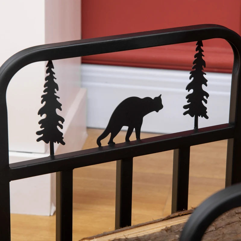 Curved Firewood Rack with Bear and Pine Tree Design, 17 Inch Log Holder Storage Rack with 110 lbs. Capacity, Black
