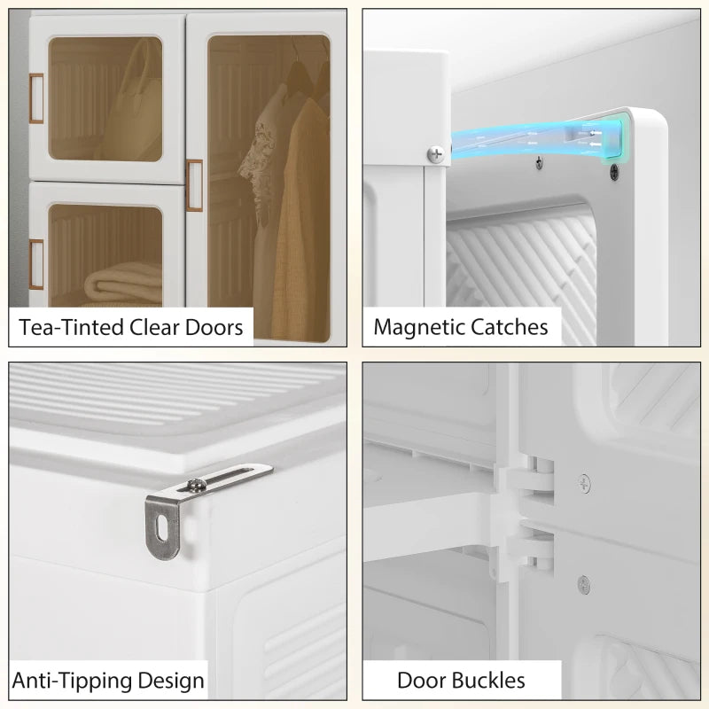 Portable Wardrobe, Foldable Plastic Closet with 8 Compartments, 2 Hanging Rods and Magnetic Clear Doors, Brown