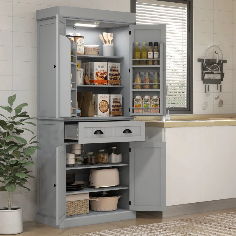 71" Kitchen Pantry Cabinet with LED Lights, 6 Spice Racks, a Drawer and 4 Adjustable Shelves, Grey