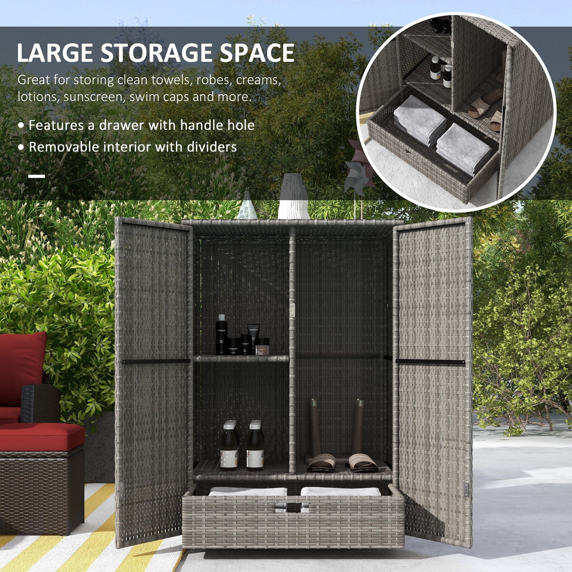 Outsunny Wicker Outdoor Storage Cabinet, 2-Door Rattan Pool Towel Storage Cabinet with Drawer & Removable Shelf, Dark Grey 