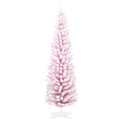HOMCOM 7ft Flocked Christmas Tree, Pencil Artificial Christmas Tree with Realistic Branches, Pink 