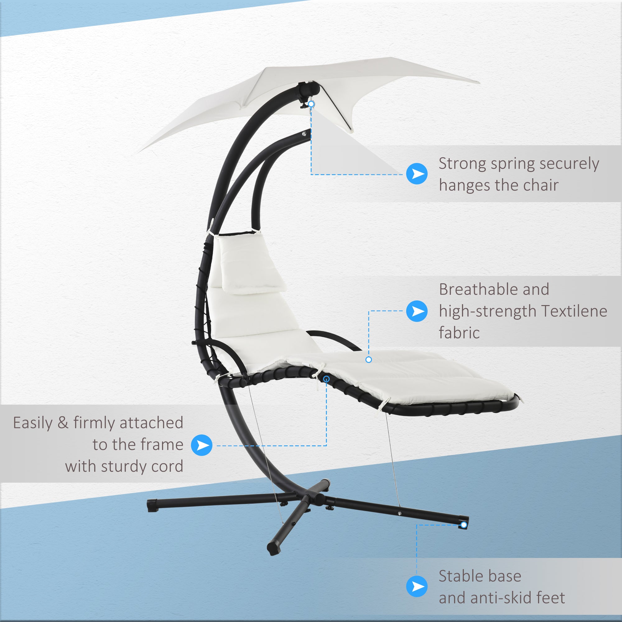 Outsunny Cream White Floating Chaise Lounge: Outdoor Hanging Hammock Swing Chair with Arc Stand & Canopy for Patio, Porch 