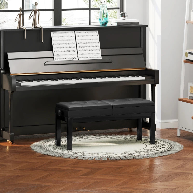 Piano Bench with Storage, Height Adjustable Piano Stool, PU Leather Tufted Keyboard Seat, Black