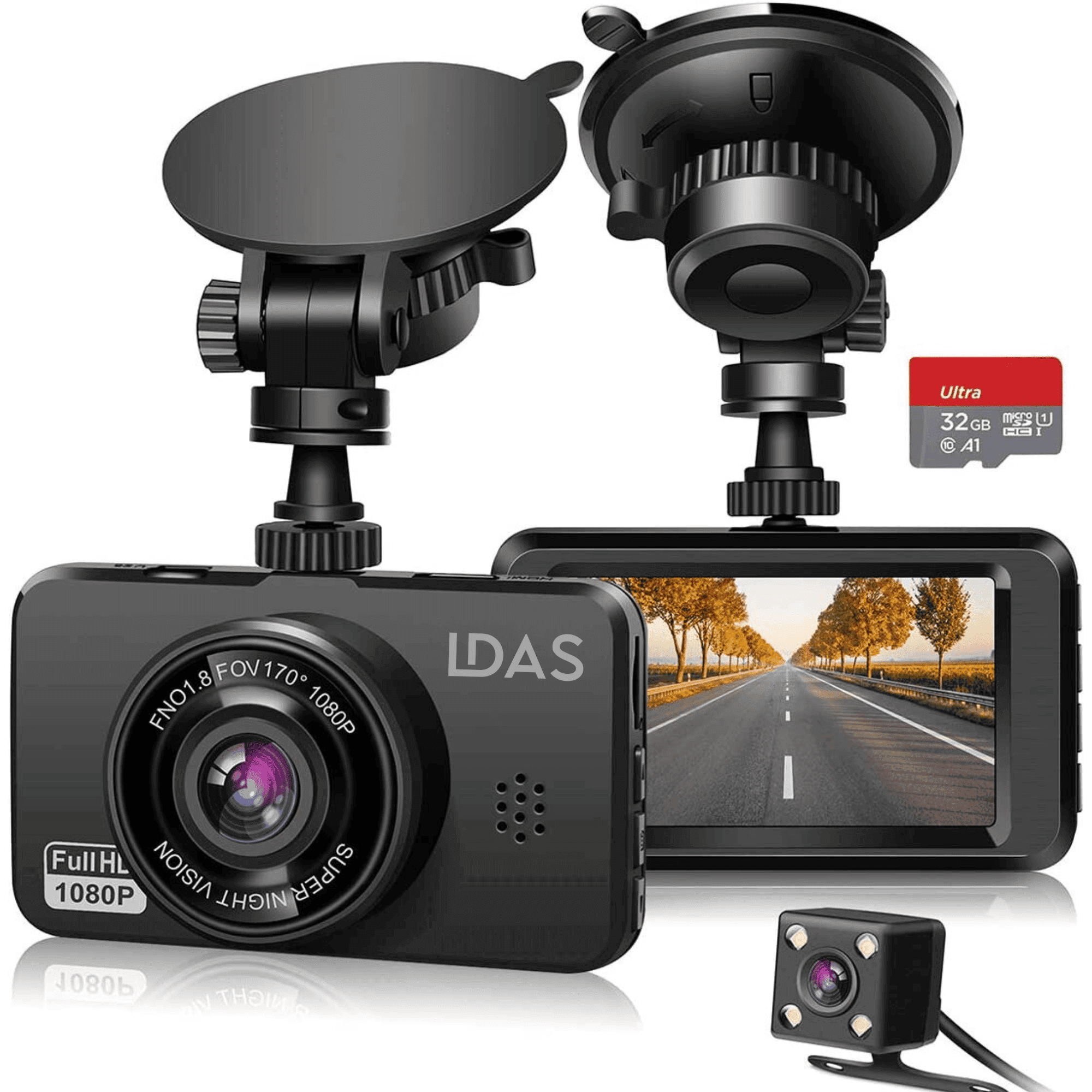 LDAS Dash Cam for Cars Front and Rear and SD Card Included 