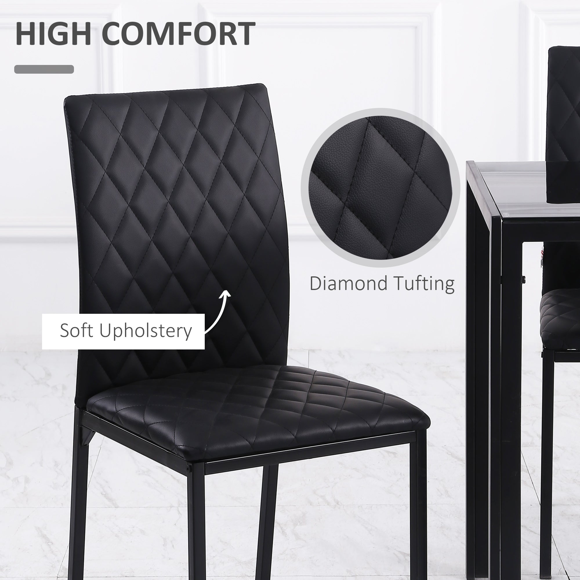 HOMCOM Set of 6 Modern Dining Chairs, Tufted High Back Side Chairs with Upholstered Seat, Steel Legs for Living Room, Black 