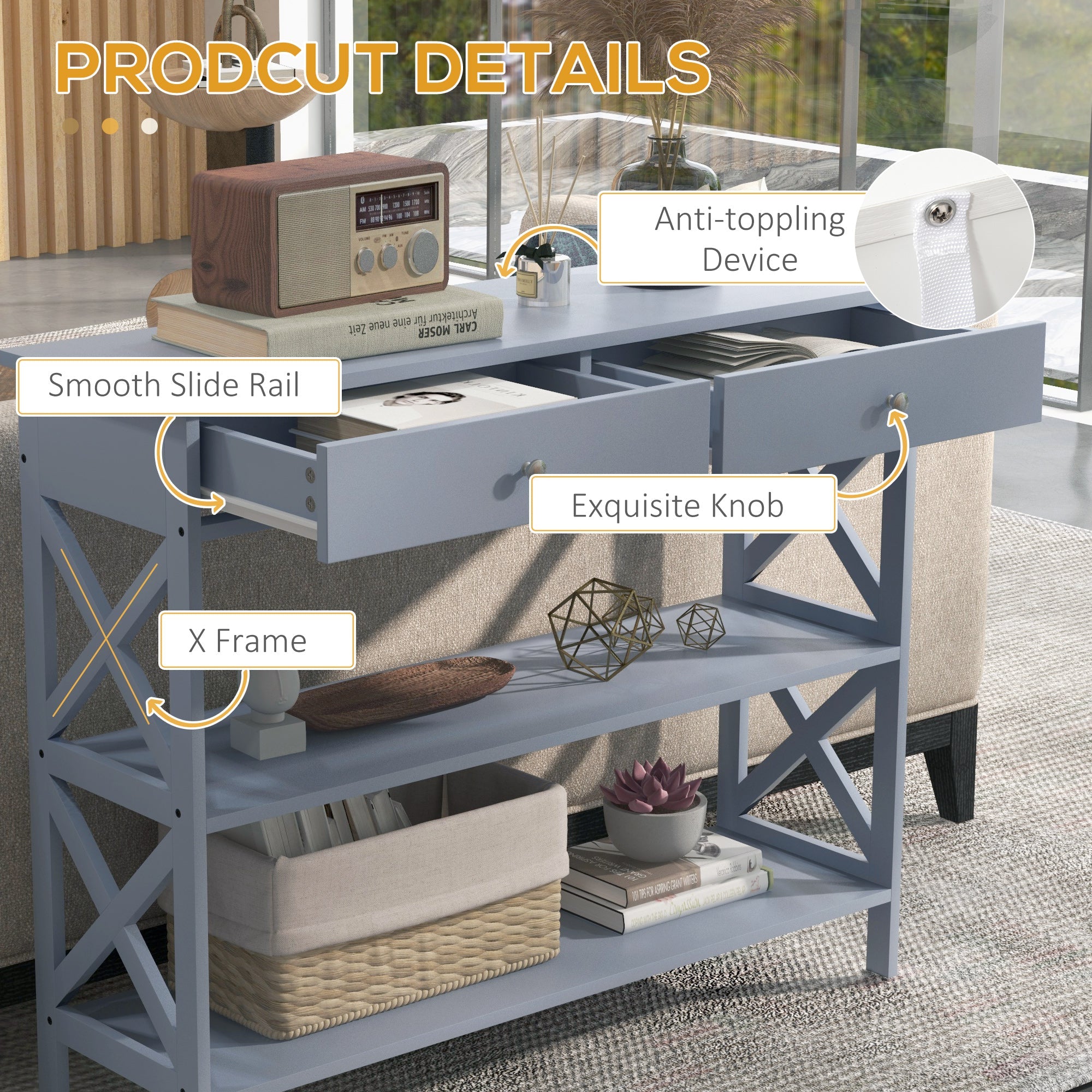 HOMCOM Modern Console Table: Entryway Table with Drawers & Shelves for Living Room/Hallway, Grey 