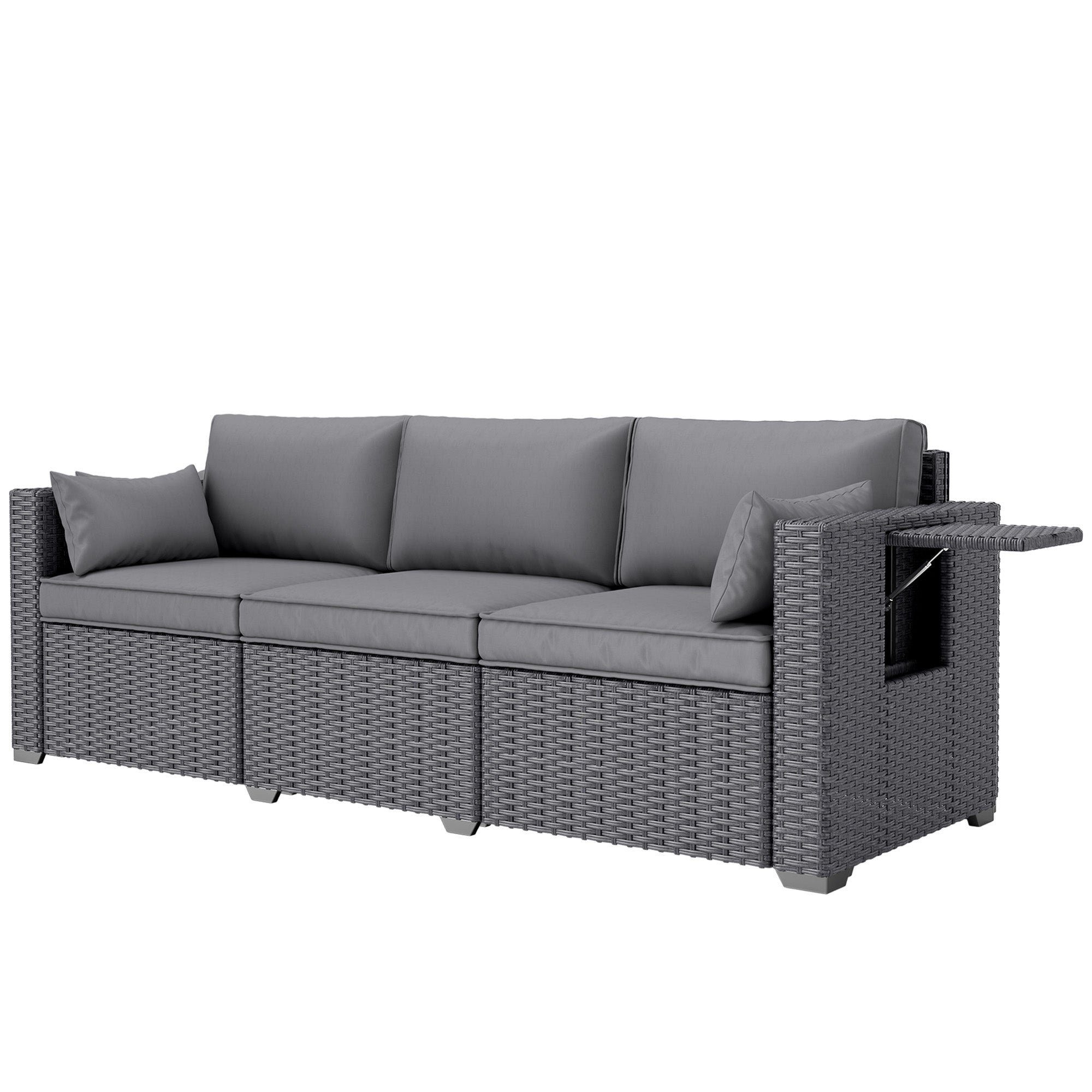 Outsunny 3 Seater Wicker Patio Sofa with Side Trays, Outdoor Couch with 6" Thick Back Cushions, Deep Seating, Grey 