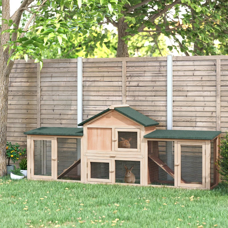 Large Rabbit Hutch Wood Bunny Cage Outdoor Guinea Pig House with Double Runs Slide Out Tray Ramps, 83"x18"x33", Natural