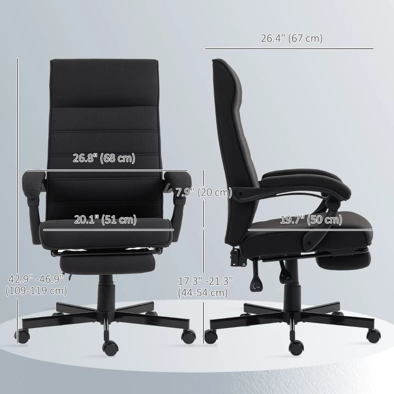 Office Chair, Linen High Back Desk Chair, Swivel Recliner with Adjustable Height, Footrest and Padded Armrest, Black