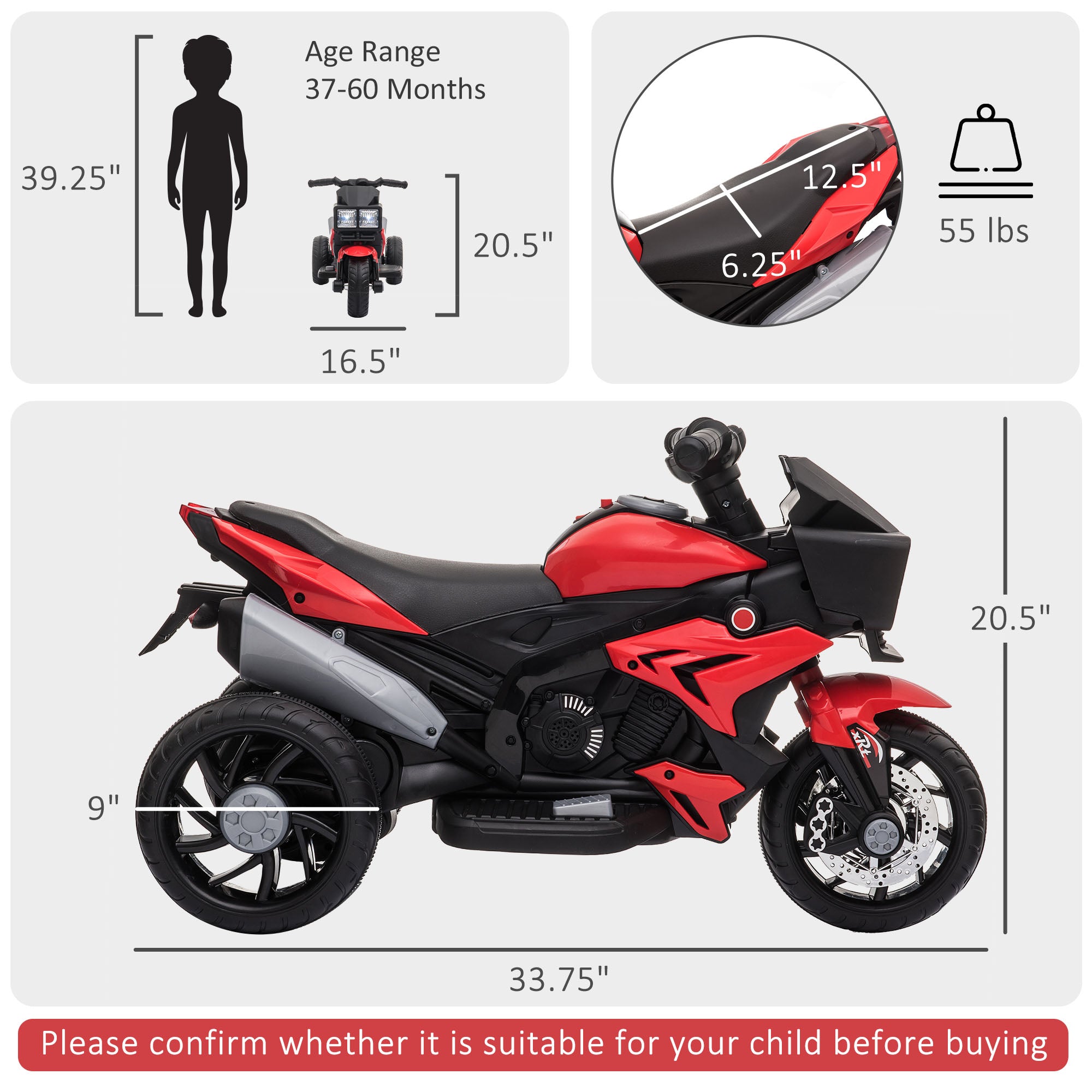 Aosom Kids Electric Motorcycle Ride-On Toy 6V Battery Powered with Music Horn Headlights Red 