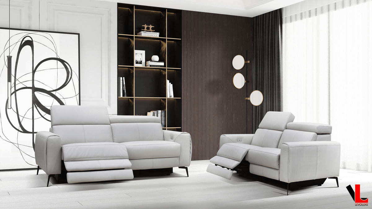 Lennox 2 Piece Power Reclining Sofa and Loveseat Set with Adjustable Headrests in Light Grey Leather Match