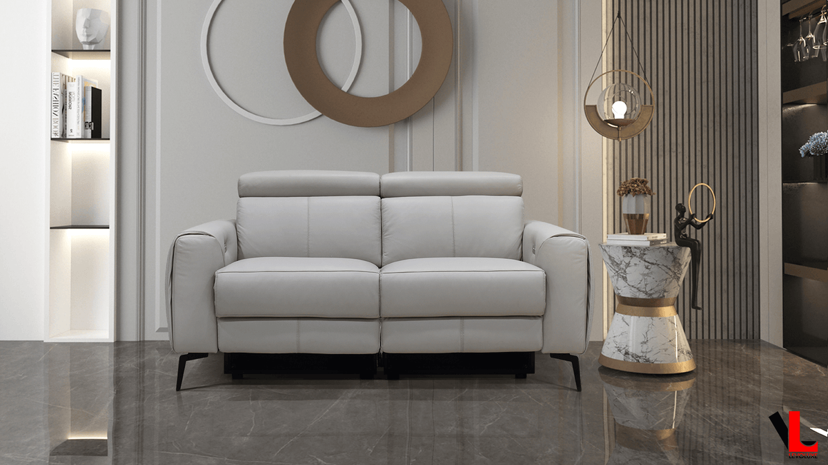 Lennox 2 Piece Power Reclining Sofa and Loveseat Set with Adjustable Headrests in Light Grey Leather Match