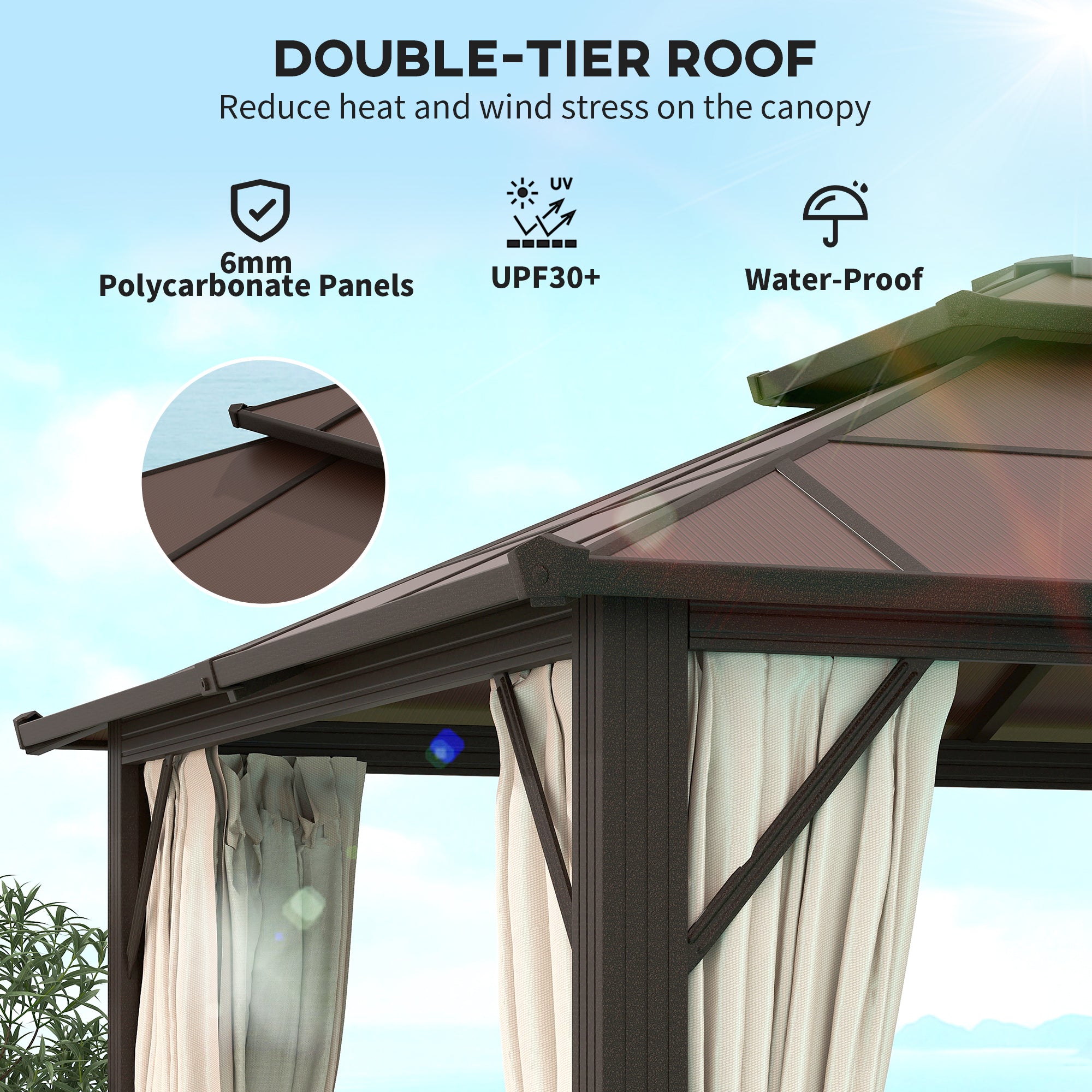 Outsunny 10' x 13' Hardtop Gazebo Canopy with UPF30+ Double Polycarbonate Roof, Aluminum Frame, Netting and Curtains, Beige 