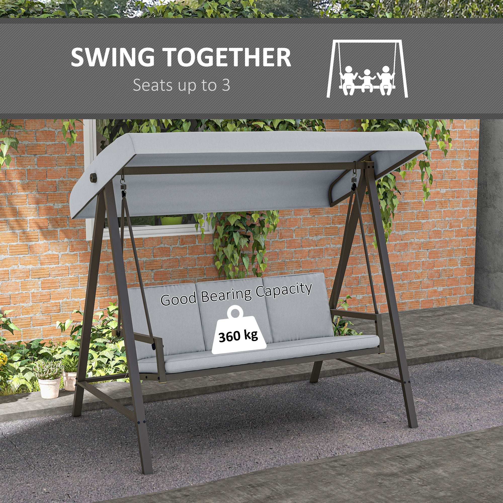 Outsunny 3 Seater Patio Swing Chair, Porch Swing with Adjustable Canopy and Removable Cushions, Outdoor Swing Seat, Light Grey 