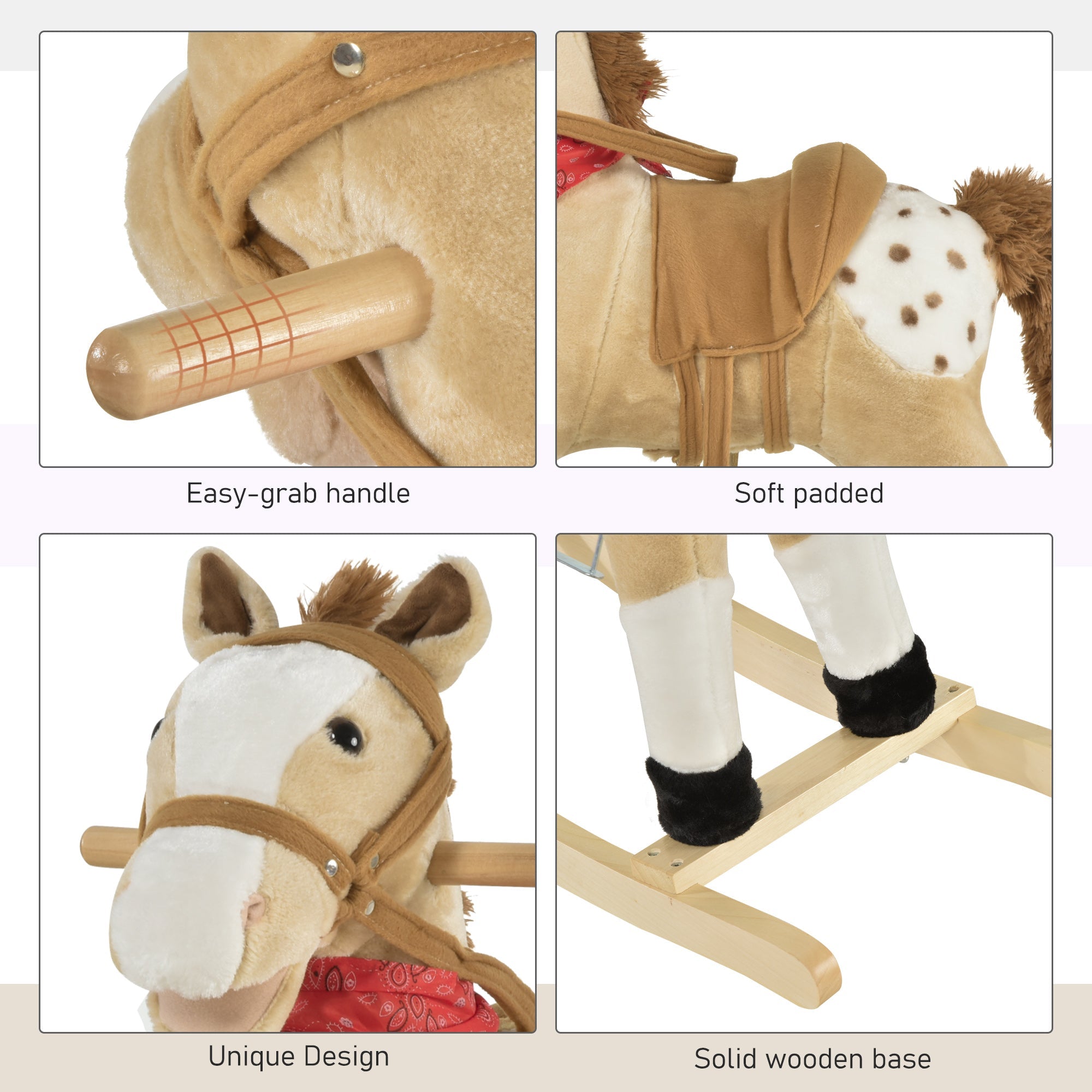 Qaba Kids Plush Ride-On Rocking Horse Toy Cowboy Rocker with Fun Realistic Sounds for Child 3-8 Years Old, Beige 