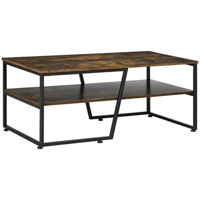 HOMCOM Rustic Brown Coffee Table with Shelf: Center Table with Steel Frame, Adjustable Foot Pads for Living Room 