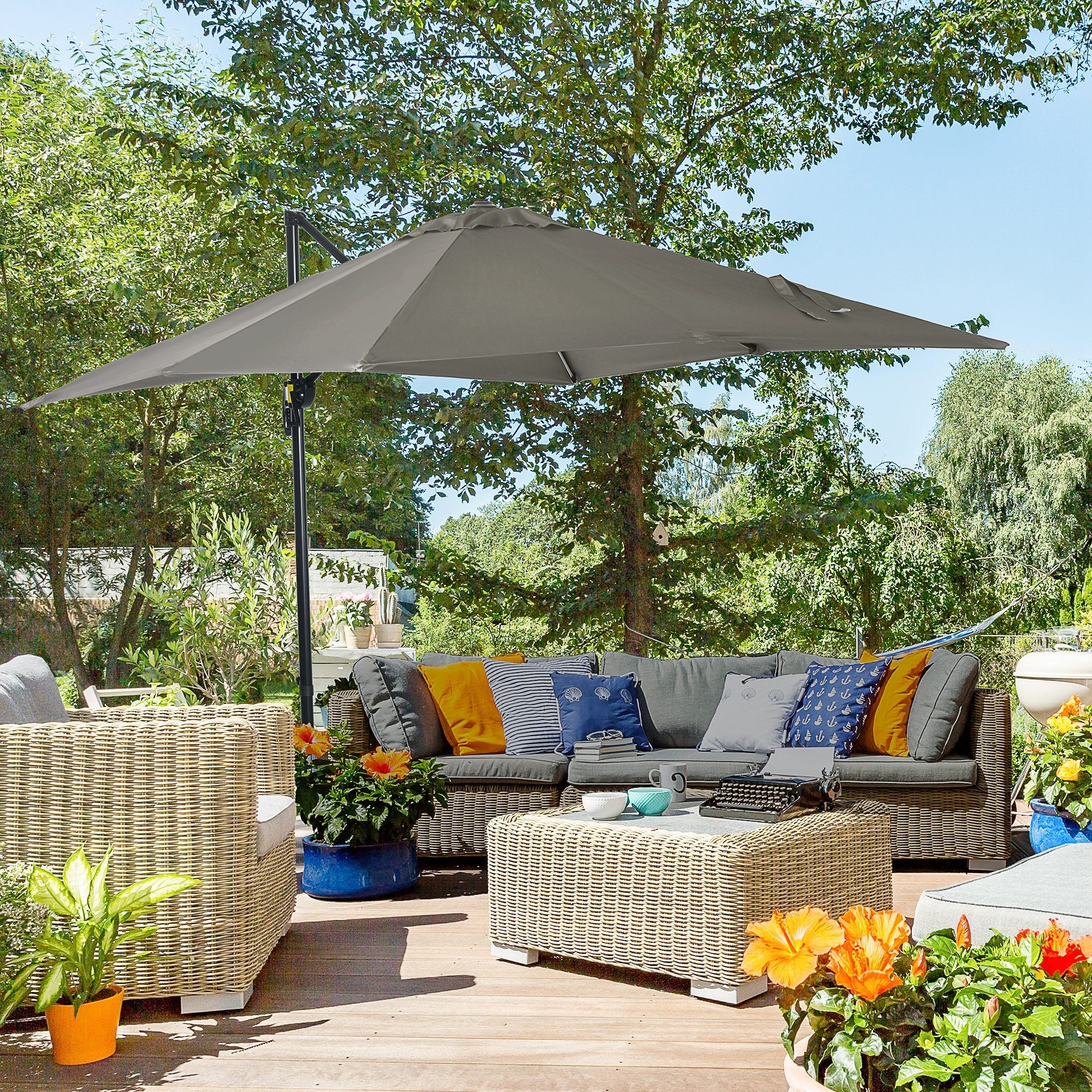 Outsunny 8' x 8' Square Patio Hanging Offset Umbrella with 360° Rotation, Aluminum Outdoor Cantilever Market Parasol, Light Grey 