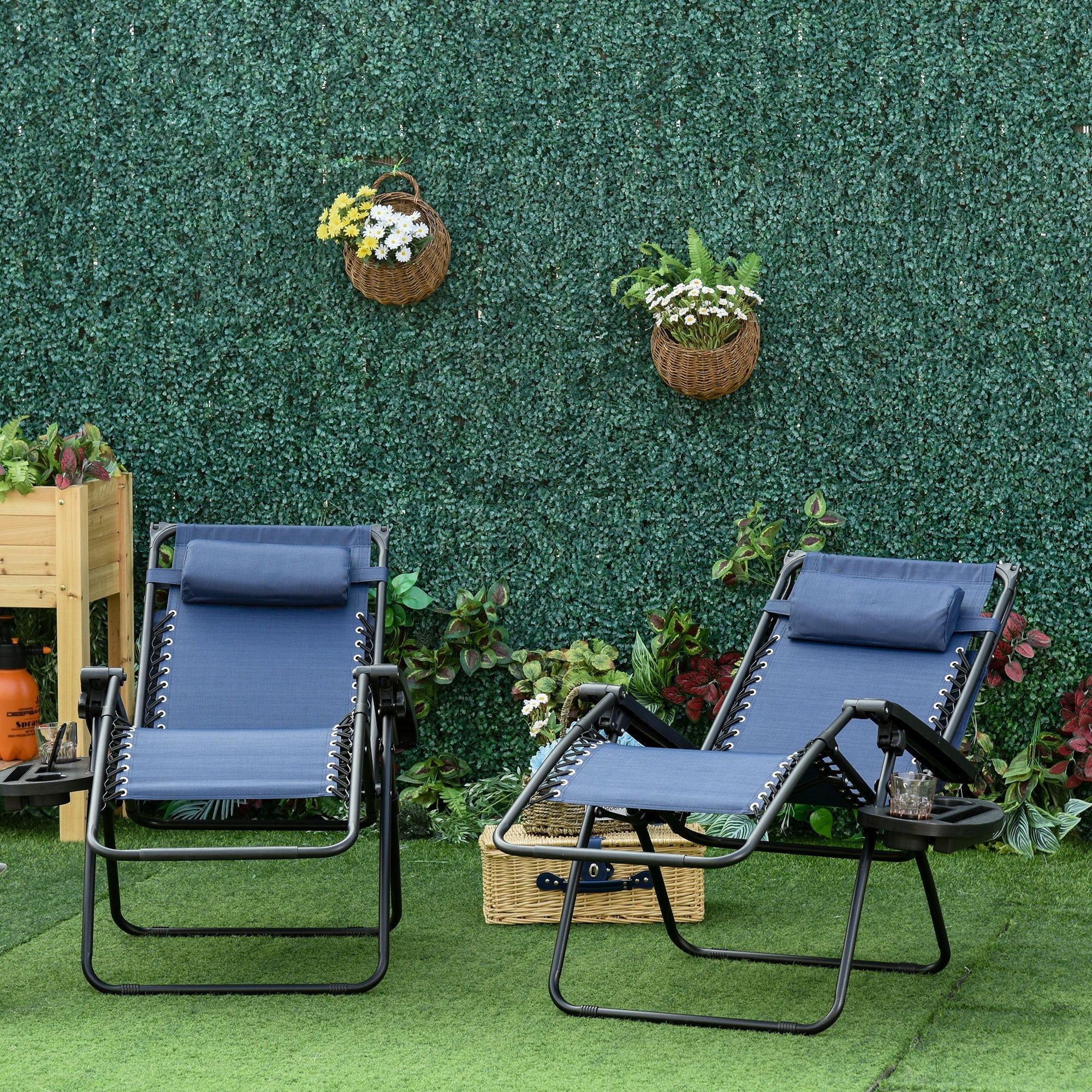 Outsunny Zero Gravity Chair 2pc Adjustable Patio Lounge Recliner with Cup Holder Canopy Shade Blue 