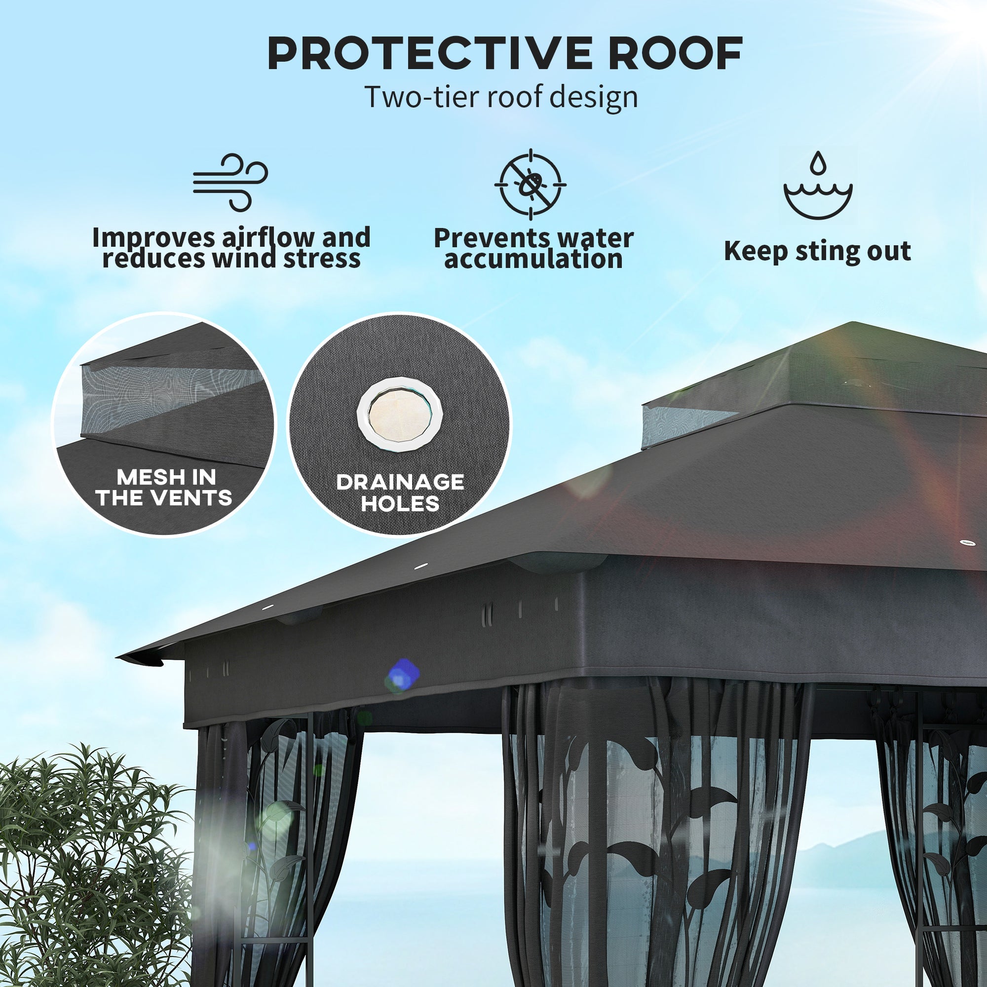 Outsunny 10' x 10' Outdoor Gazebo with Shelves and Netting, UV30+ Double Roof Patio Gazebo for Lawn, Backyard and Deck 