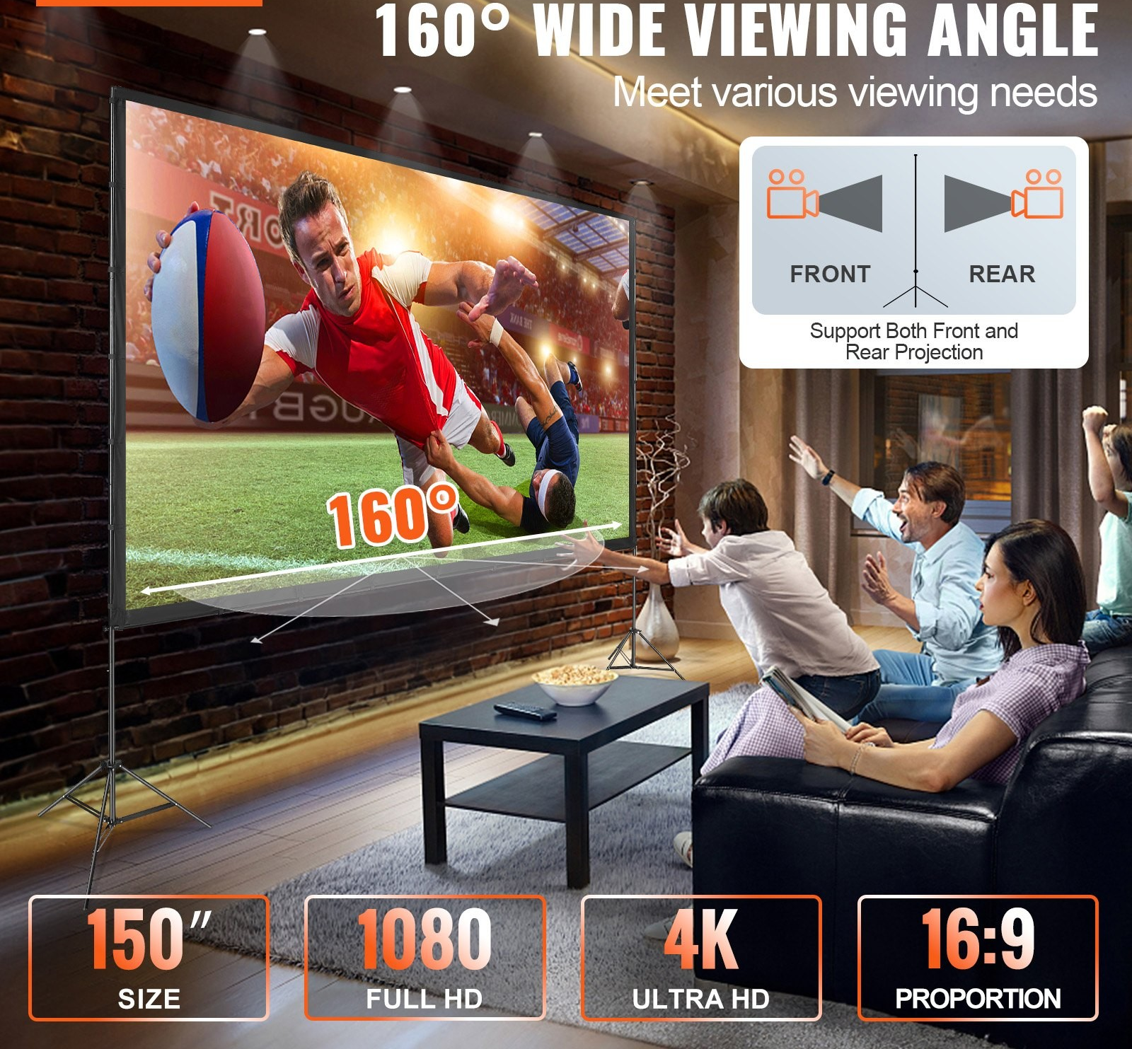 VEVOR Projector Screen with Stand, 150 inch 16:9 4K 1080 HD Outdoor Movie Screen with Stand, Wrinkle-Free Projection Screen with Tripods and Carry Bag 