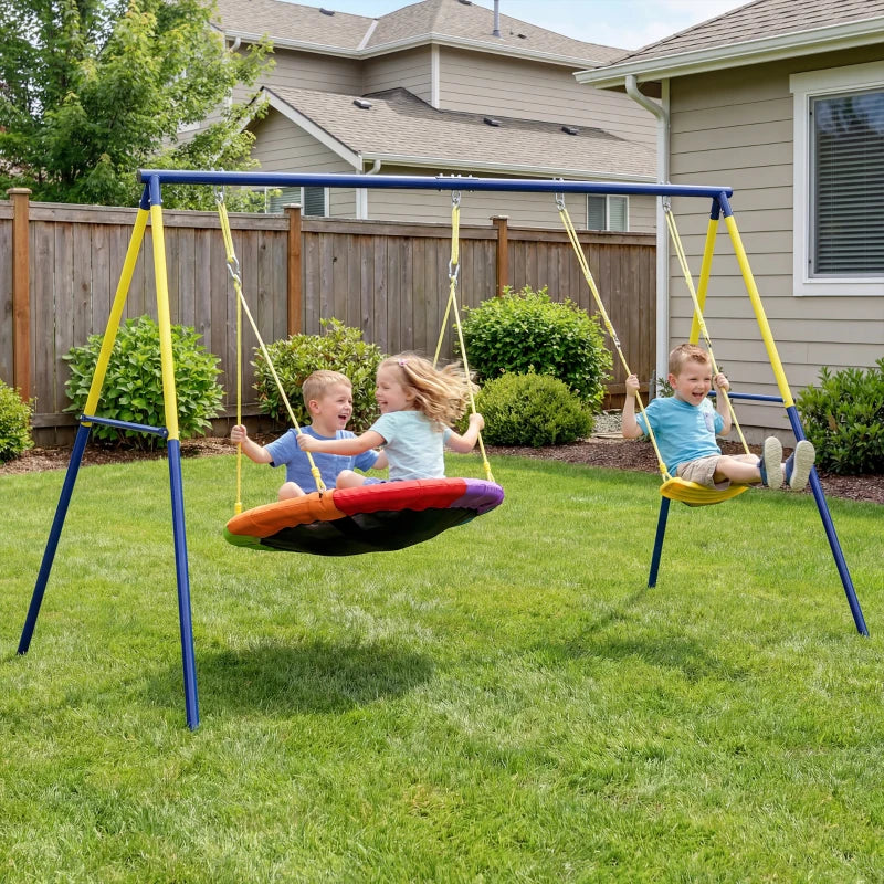 Qaba Kids Swing Set with Double Swings, Outdoor Playset with Adjustable Ropes, Metal Frame for Ages 3-8, 150 Capacity