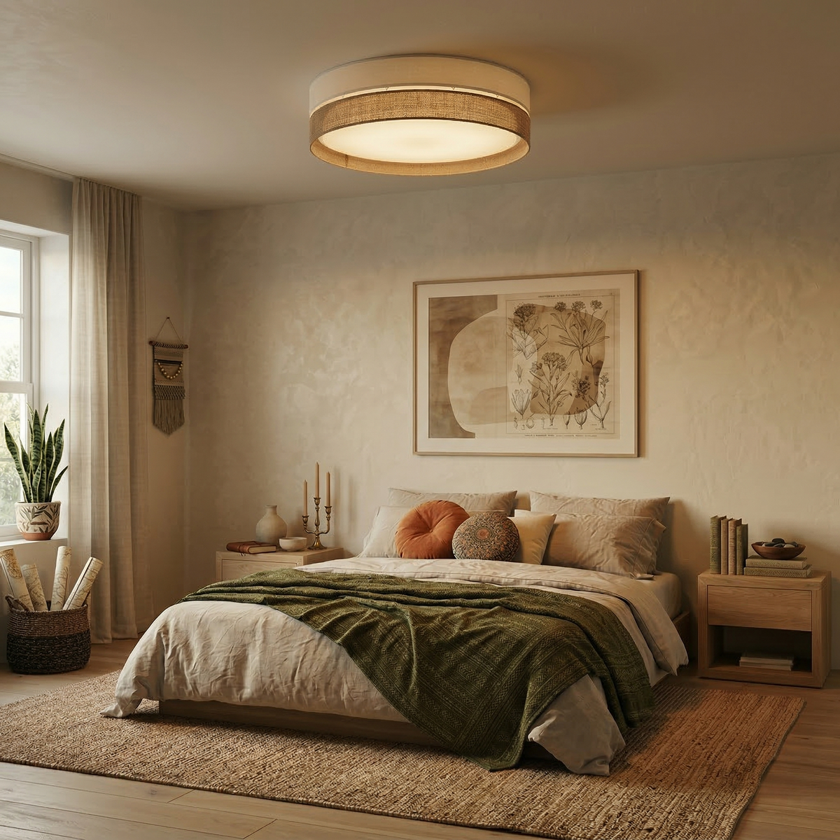 Linobianco Natural Linen Flush Mount Ceiling Light for Bedroom, Hallway & Living Room