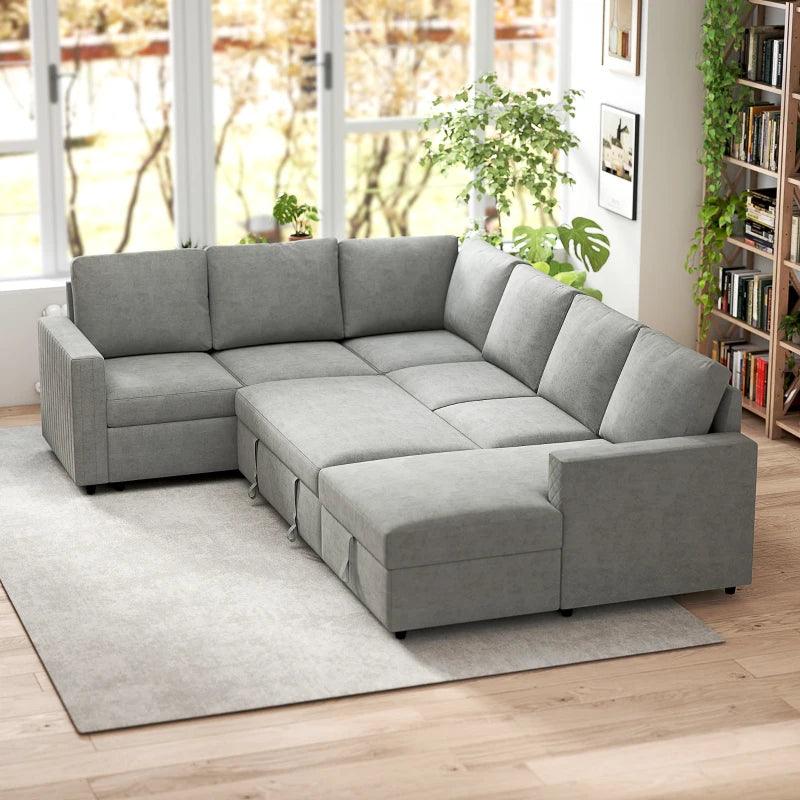 Pull Out Sofa Bed, Sleeper Sofa Couch with Hidden Storage, Chaise Lounge, Velvet Upholstery, U-Shaped Futon Couch