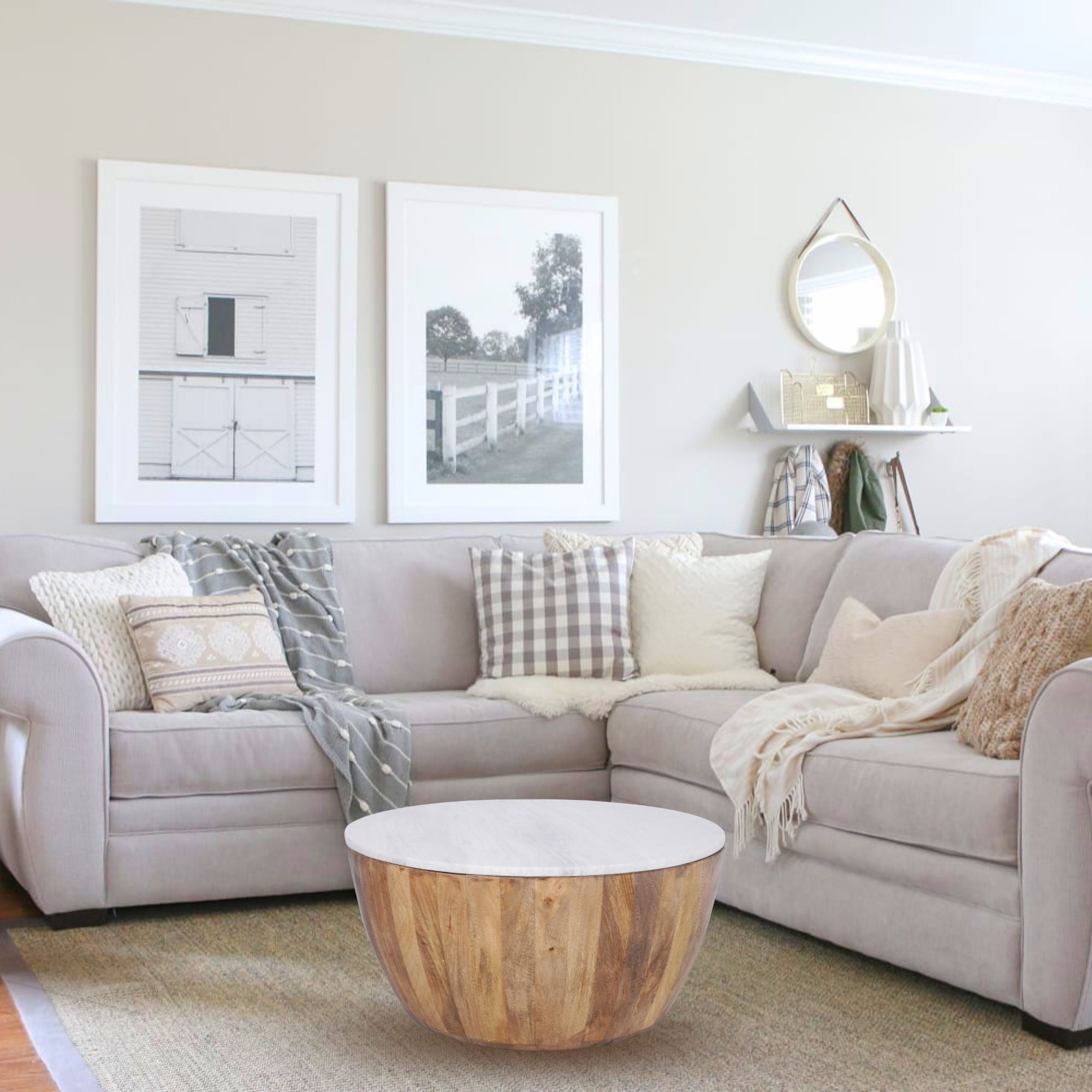 Cecile Mango Wood Drum Coffee Table With Marble Top 