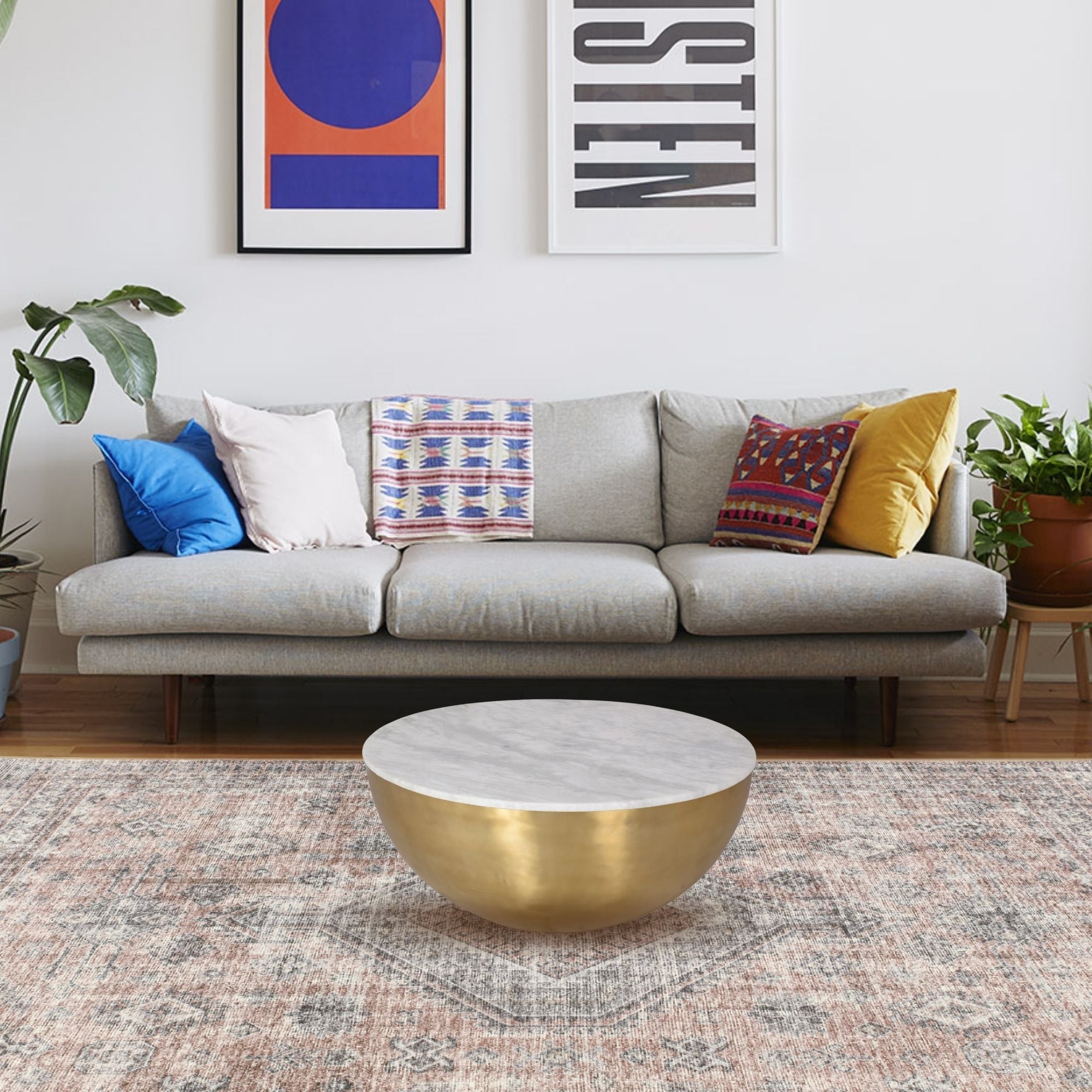 Lia Brass Drum Coffee Table With Marble Top 