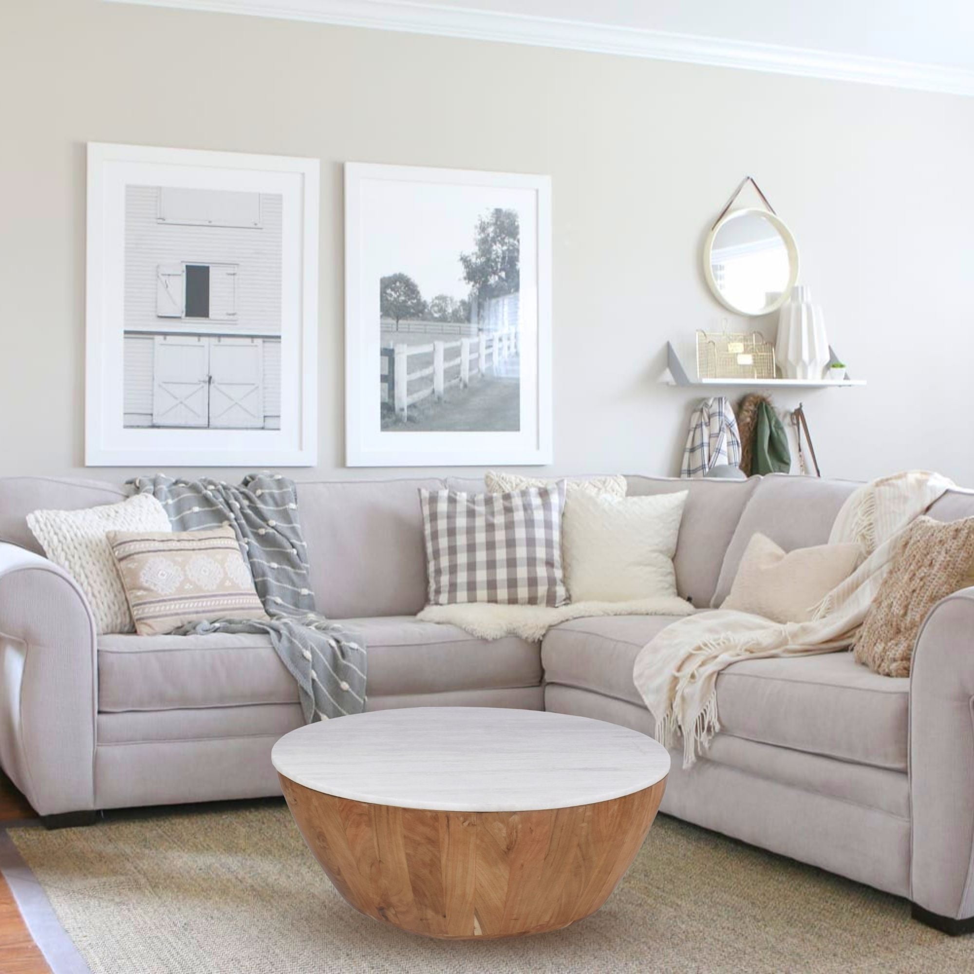 Cecile Mango Wood Drum Coffee Table With Marble Top 