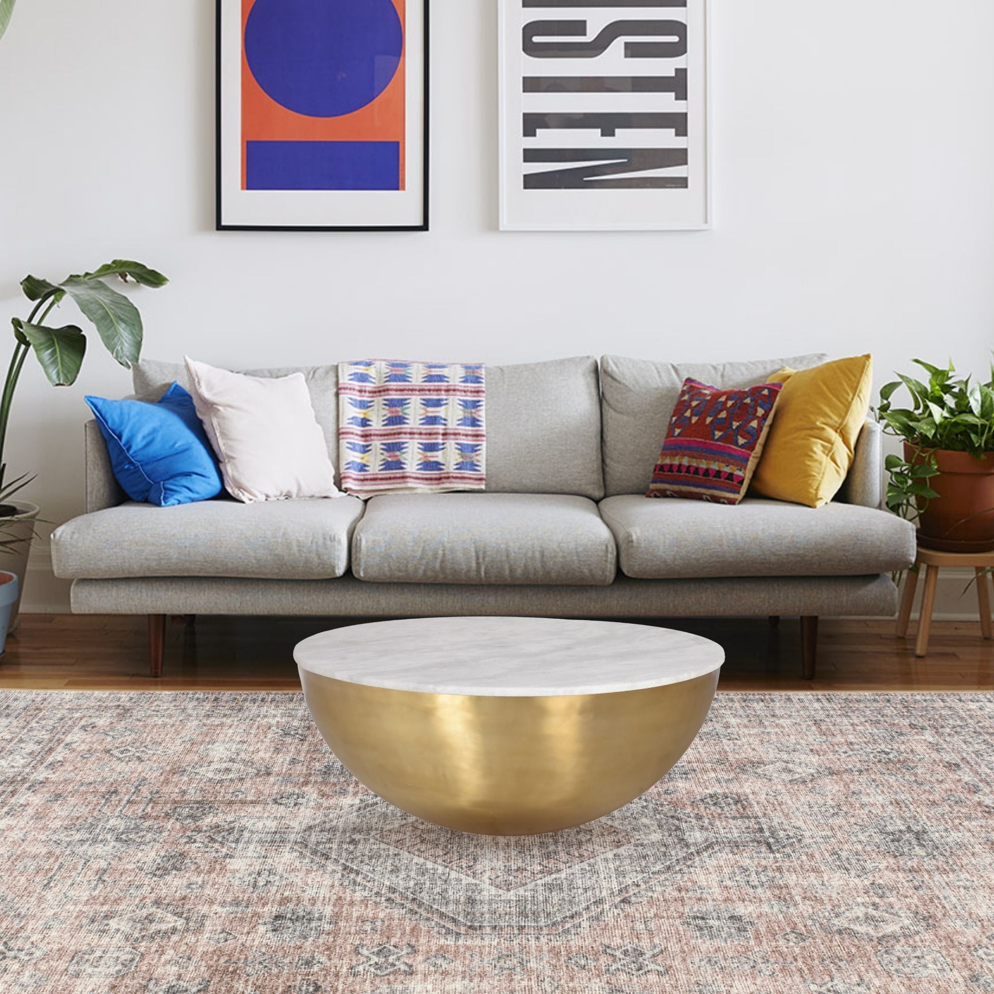 Lia Brass Drum Coffee Table With Marble Top 