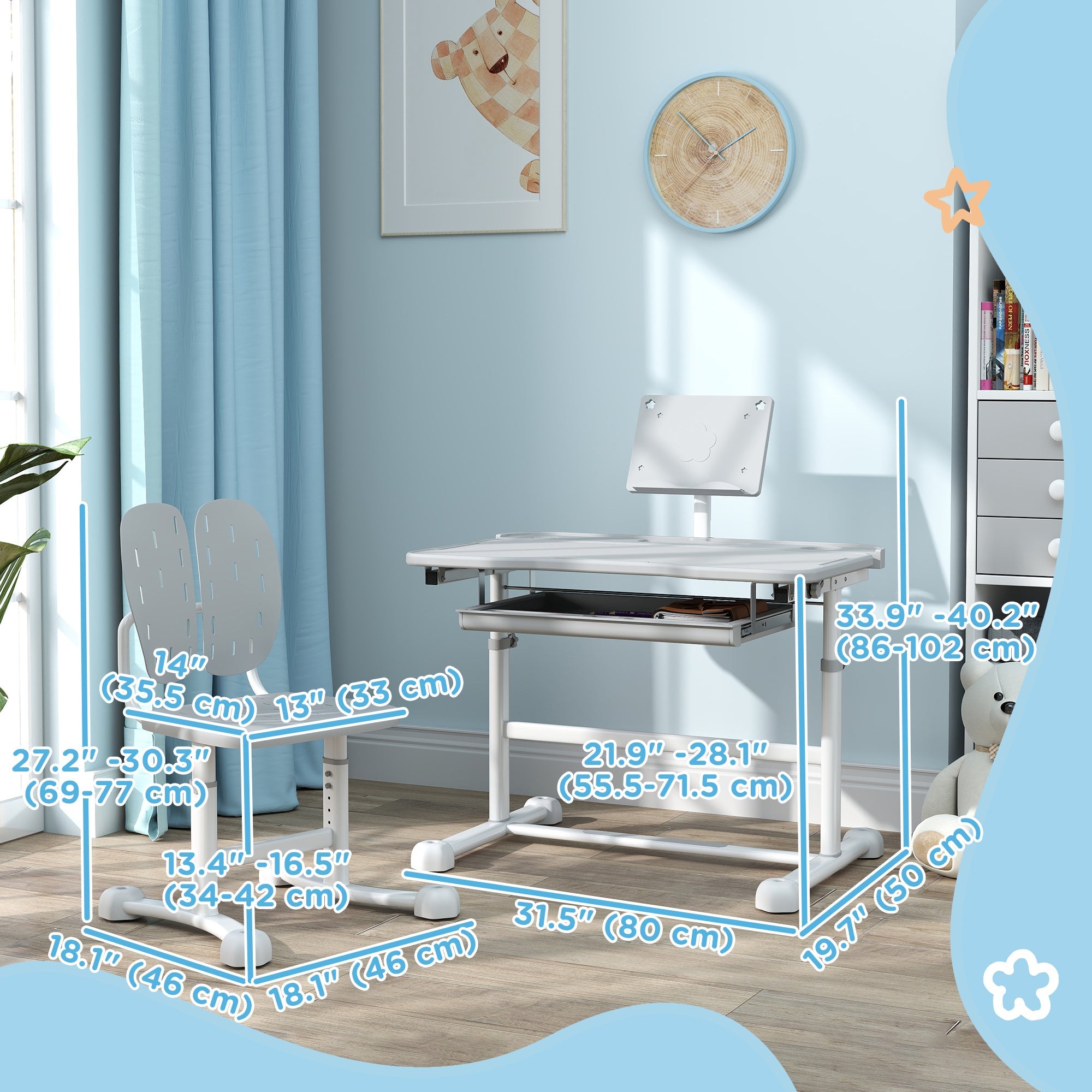 Qaba Height Adjustable Kids Desk and Chair Set with Tilt Desktop, Large Writing Board, Storage Drawer, Book Stand, Grey 