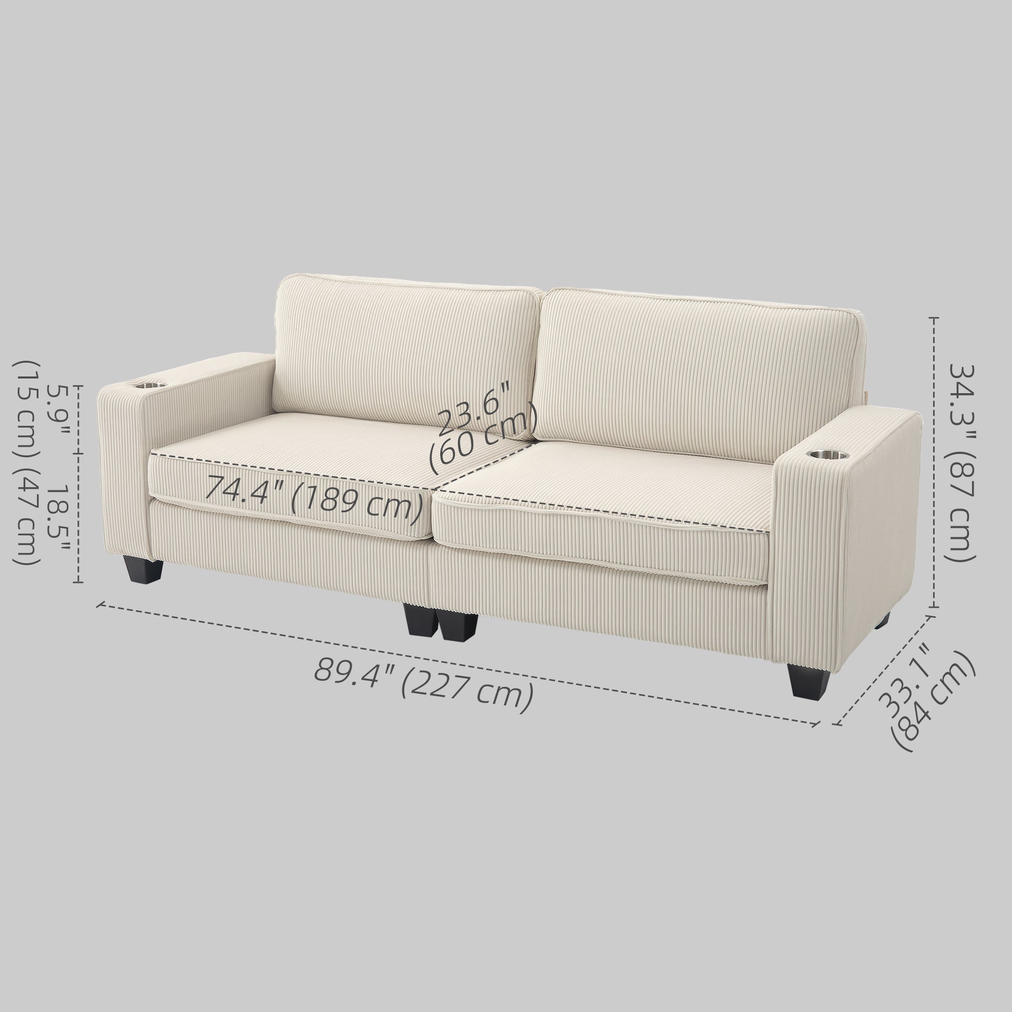 HOMCOM Three Seater Sofa, Fabric 3 Seater Couch with Spring Cushion and Cup Holders for Living Room, Bedroom, Cream White 