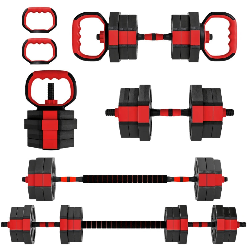 6-in-1 Adjustable Dumbbell Set, 44 lb Free Weights with Kettlebell, Barbell & Push-Up Stand – Red