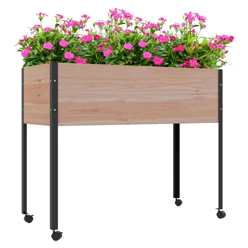 Wooden Elevated Planter Box, Raised Garden Bed with Wheels, Metal Legs, Drainage Holes and Bed Liner