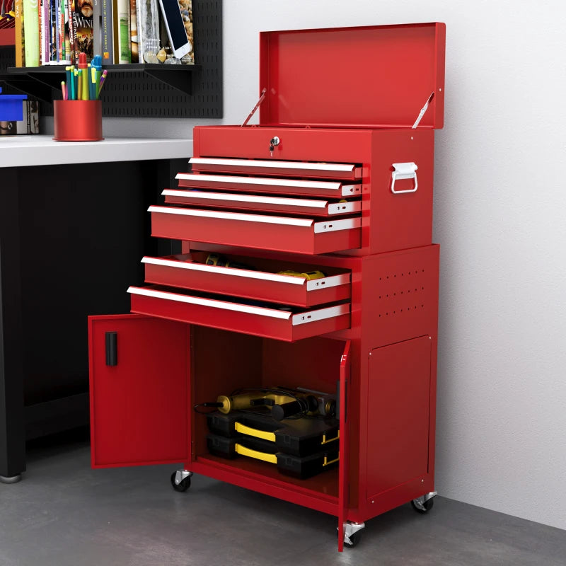 6-Drawer Rolling Tool Chest, 2 in 1 Lockable Storage Cabinet with Hooks, Metal Tool Box for Garage, Workshop, Red