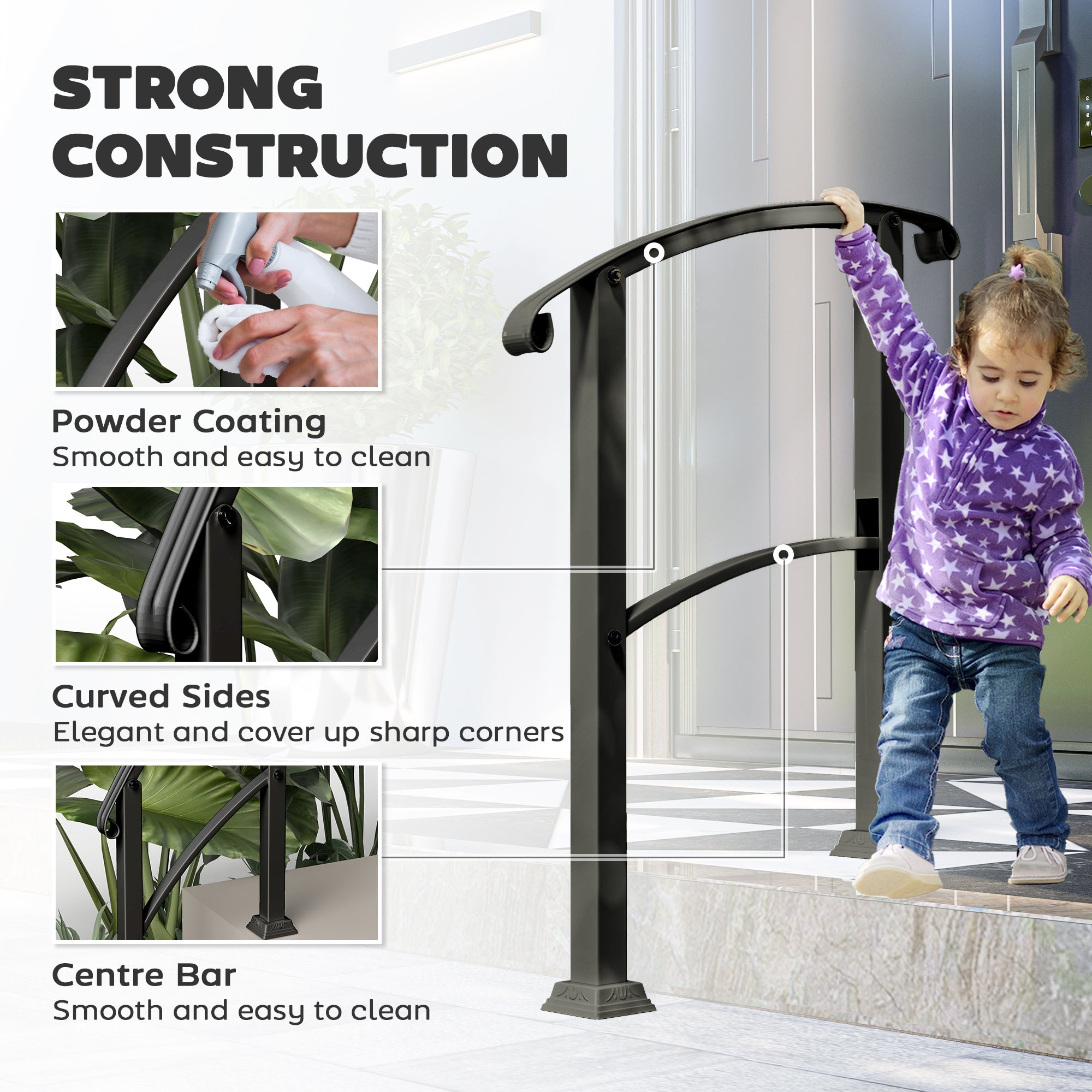 Outsunny 1-3 Step Handrails for Outdoor Steps, Porch Deck Railing, Metal Outdoor Stair Railing with Installation Kit, Black 