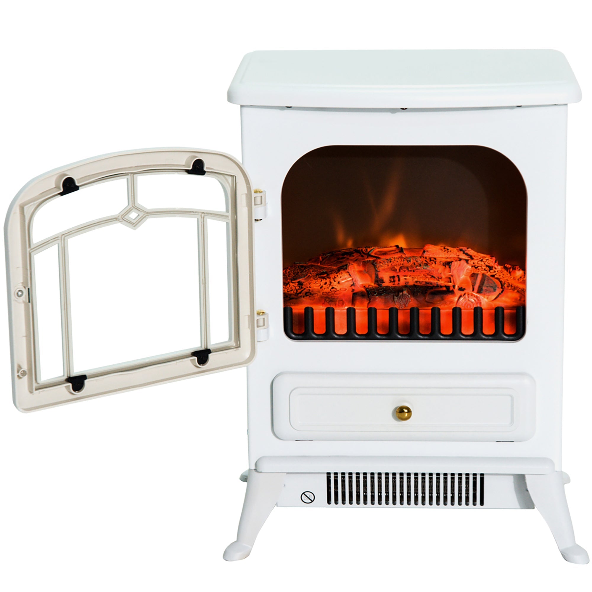 HOMCOM 16" Freestanding Electric Fireplace Heater Fire Stove with Wood Burning Flame 750/1500W White 
