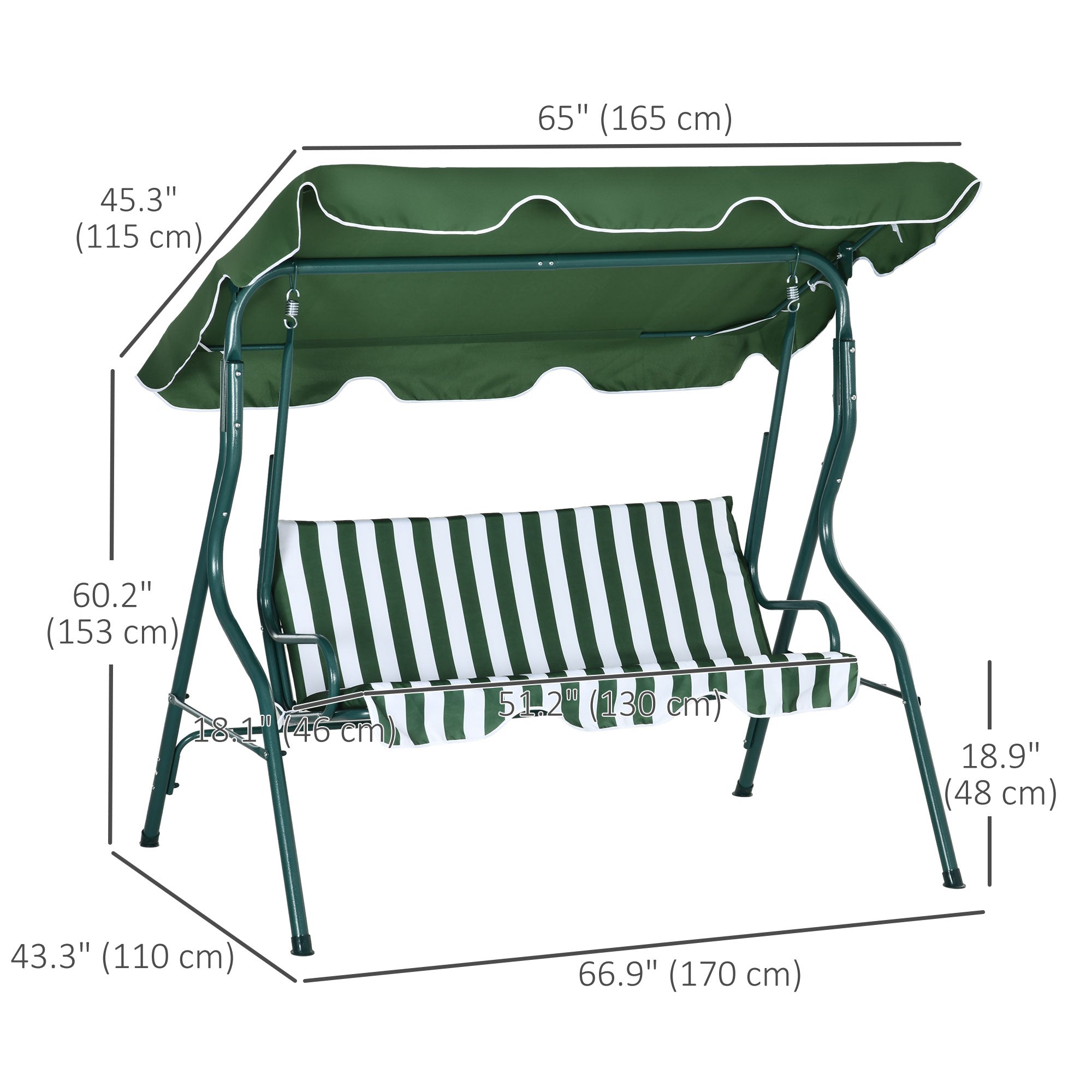 Outsunny Patio Swing Chair: 3-Seater Outdoor Porch Swing with Adjustable Canopy Cushion Green 
