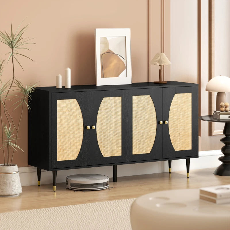 55" Sideboard Buffet Cabinet, Boho Storage Cabinet with Adjustable Shelves, Soft Close Doors and Rattan Front, Black