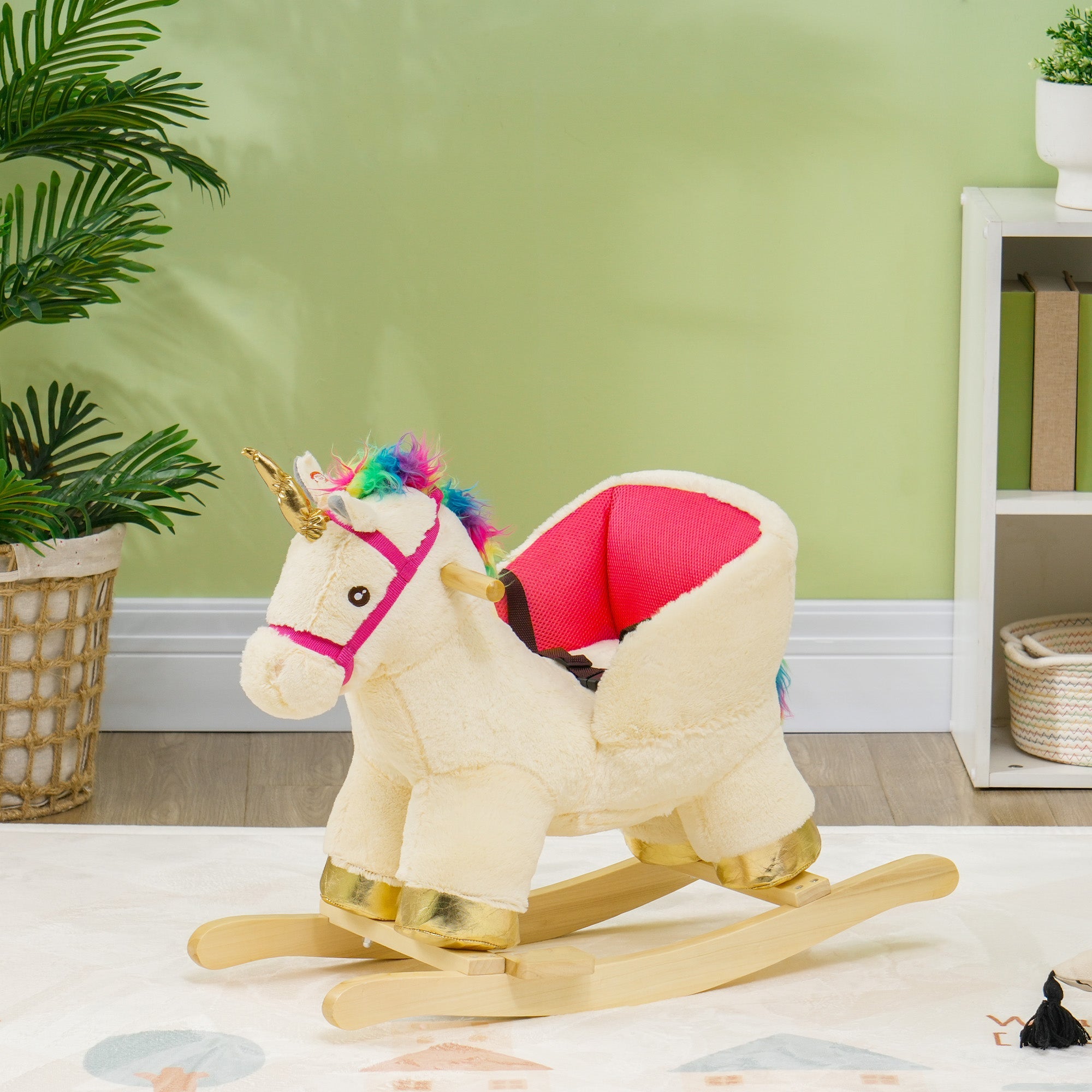 Qaba Rocking Horse Unicorn with Sound, Safety Belt, Wooden Base, for 18-36 Months 