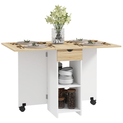 HOMCOM Space Saving Folding Dining Table Set with Storage Oak Drop Leaf Kitchen Table with Drawer Shelves for Small Areas 