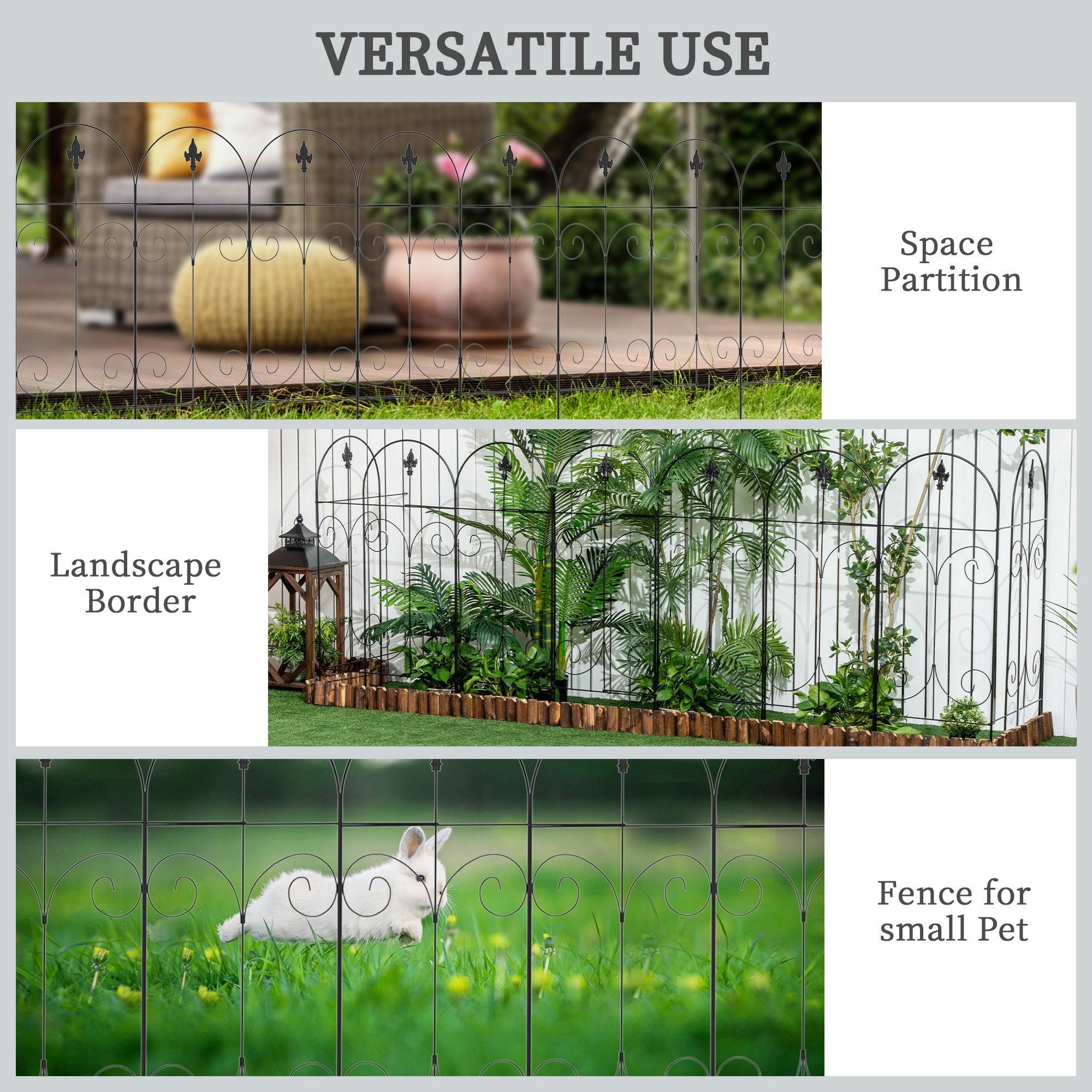 Outsunny Metal Garden Fence Panels 8 Pack Scrollworks Spears Design Animal Barrier Patio Yard Border 