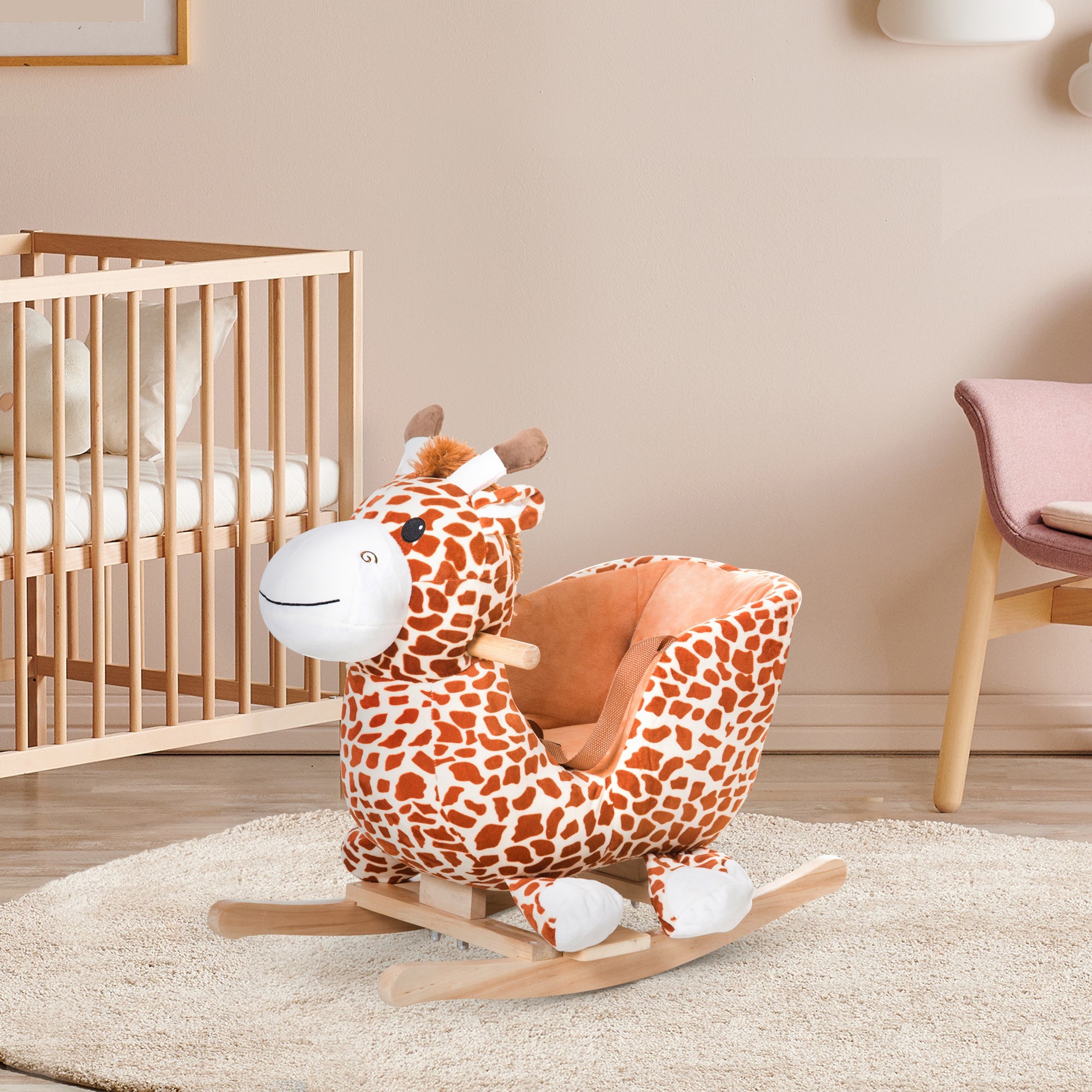 Qaba Plush Rocking Horse Ride-On Toy Toddlers Sound Safety Belt Giraffe Theme Musical Rocker Kids Playtime 