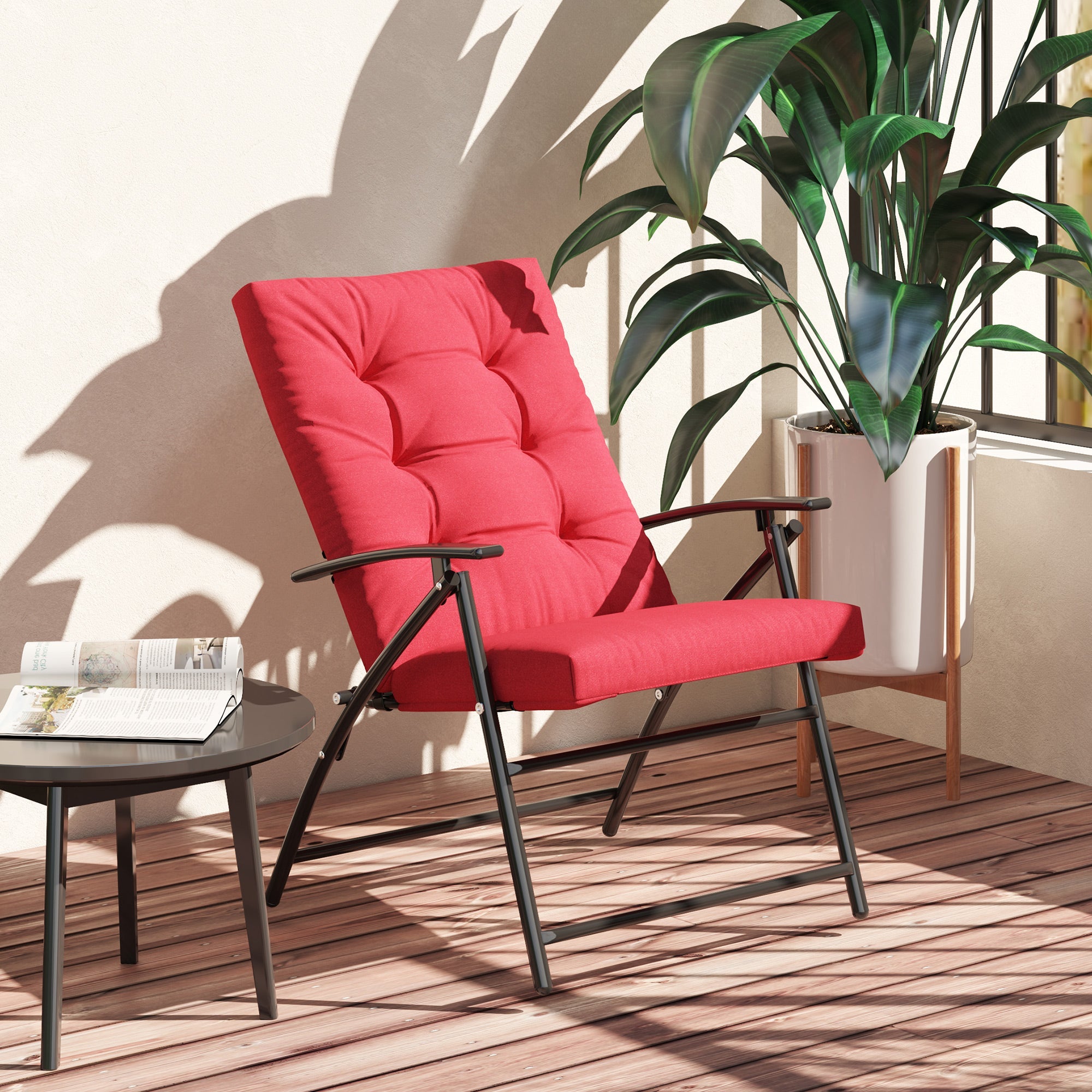 Outsunny Foldable Lounge Chair, Fabric Upholstered Recliner, Outdoor Lounger with Armrest, Metal Frame for Backyard, Red 