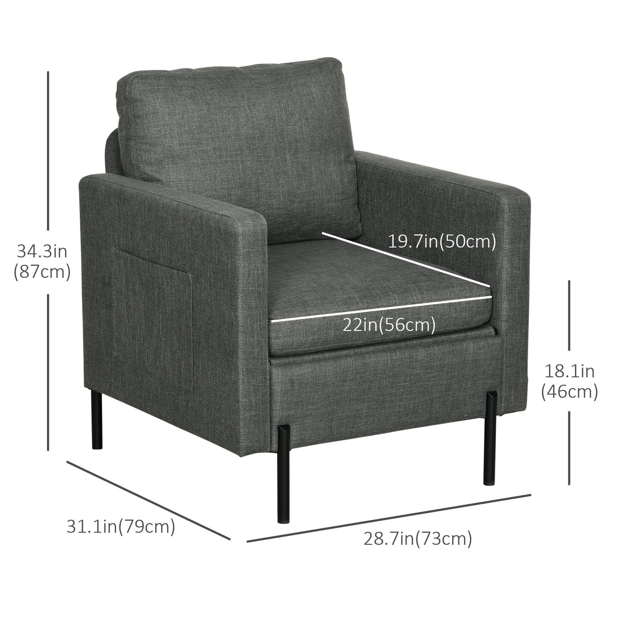HOMCOM Cozy Armchair with Pockets: Fabric Upholstery on Sleek Metal Frame, Charcoal Grey 