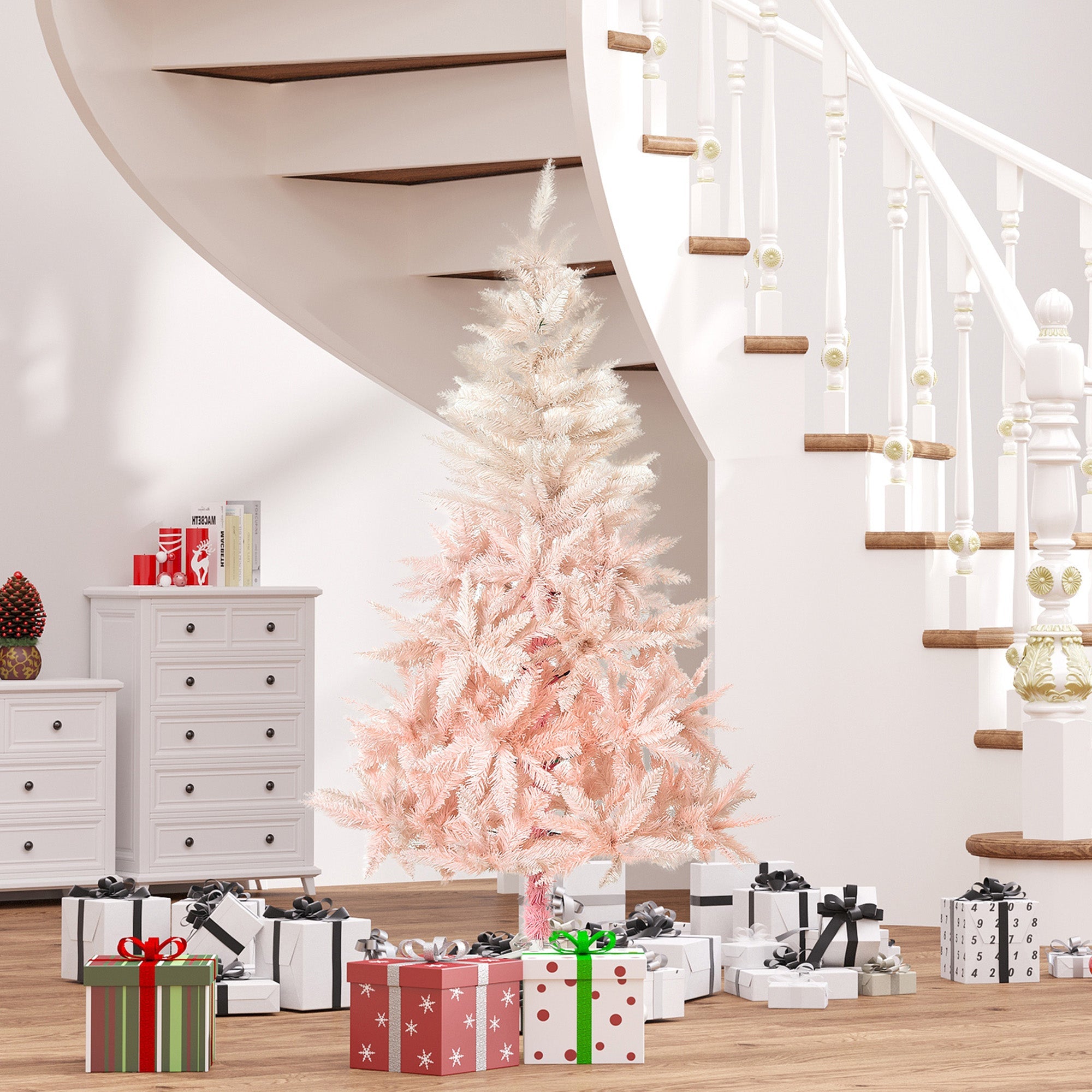 HOMCOM 5ft White and Pink Artificial Christmas Tree with Metal Stand, Easy Automatic Open for Holiday Home Decoration 